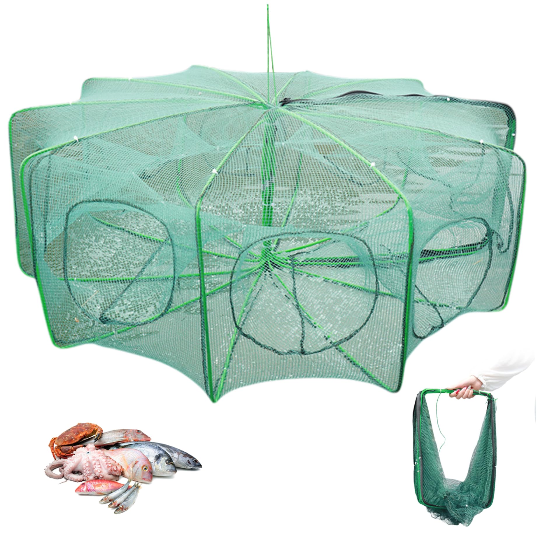 Fishing Net, 31.5x10inch Umbrella Folding Fish Trap with 10 Holes PE Mesh Galvanized Frame Portable Fishing Net for Catching Crawfish Shrimp Stone Crab Crayfish