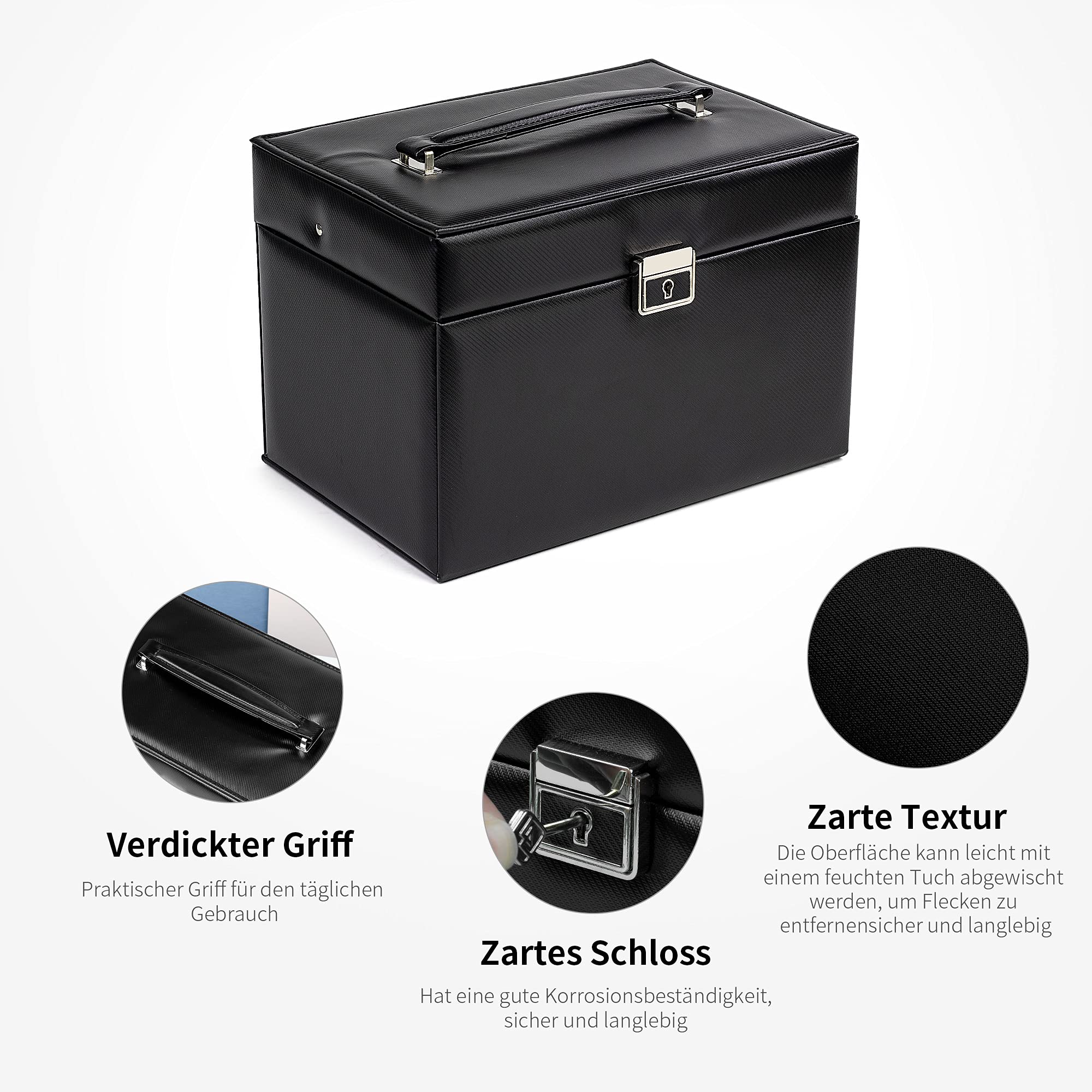 ADEL DREAM Schmuckkasten Schmuckkästchen mit 2 Schubladen abschließbarer Schmuck-Organizer mit Spiegel PU Leder Schmuckaufbewahrung für Ringe Armbänder Ohrringe Samtfutter Schwarz