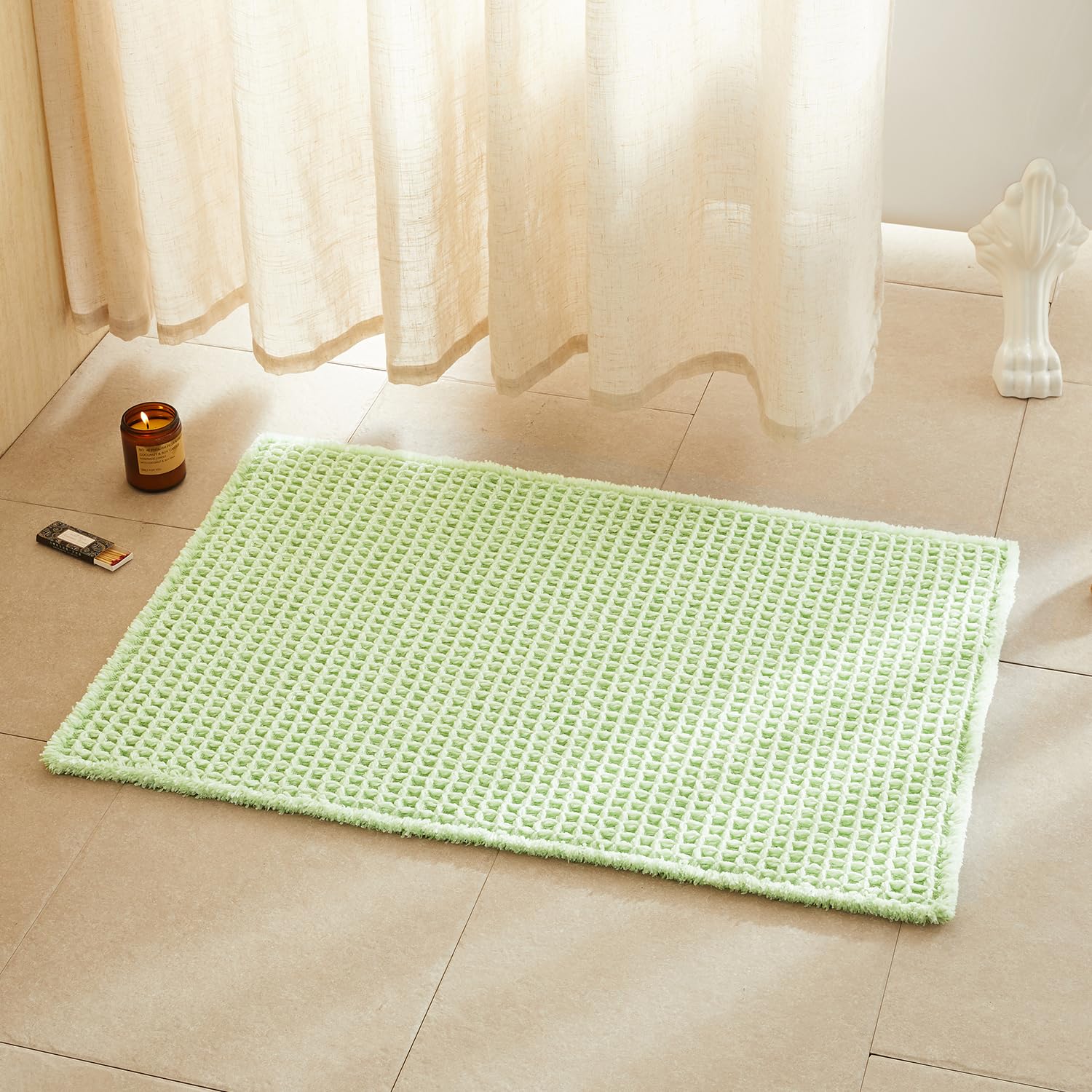 TYUU Waffle Bath Mat, Boho Bathroom Rugs Non Slip Washable Super Absorbent Quick Dry Cute Bath Mat Farmhouse Bathroom Decor, 36"x24" Pale Green