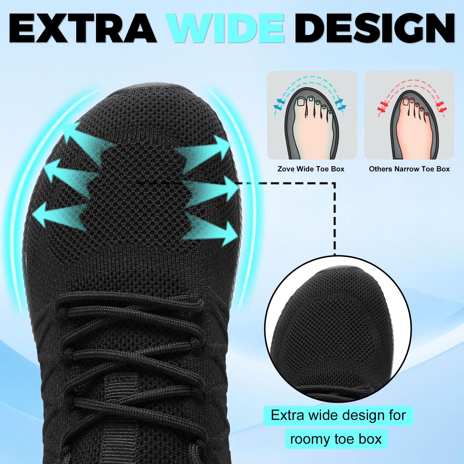 ZOVE Wide Toe Box Shoes for Men Extra Wide Width Sneakers Non-Slip Ultra Light Wide Tennis Running Shoes Breathable Casual Walking Sneakers Diabetes Workout Gym Jogging 8826 Full Black 44