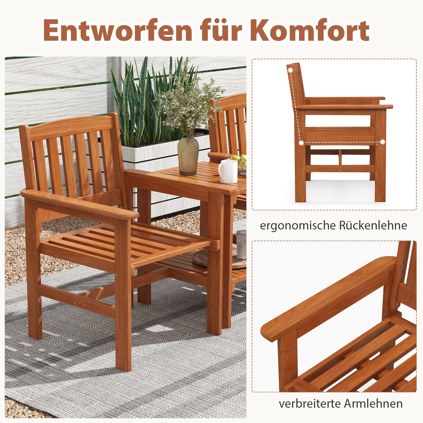 COSTWAY Gartenbank mit Beistelltisch & Schirmloch, 2-Sitzer Akazienholz Sitzbank Konversationsset, Terrassenbank Gartenmöbel Set für Balkon, Garten, Terrasse (vertikal)
