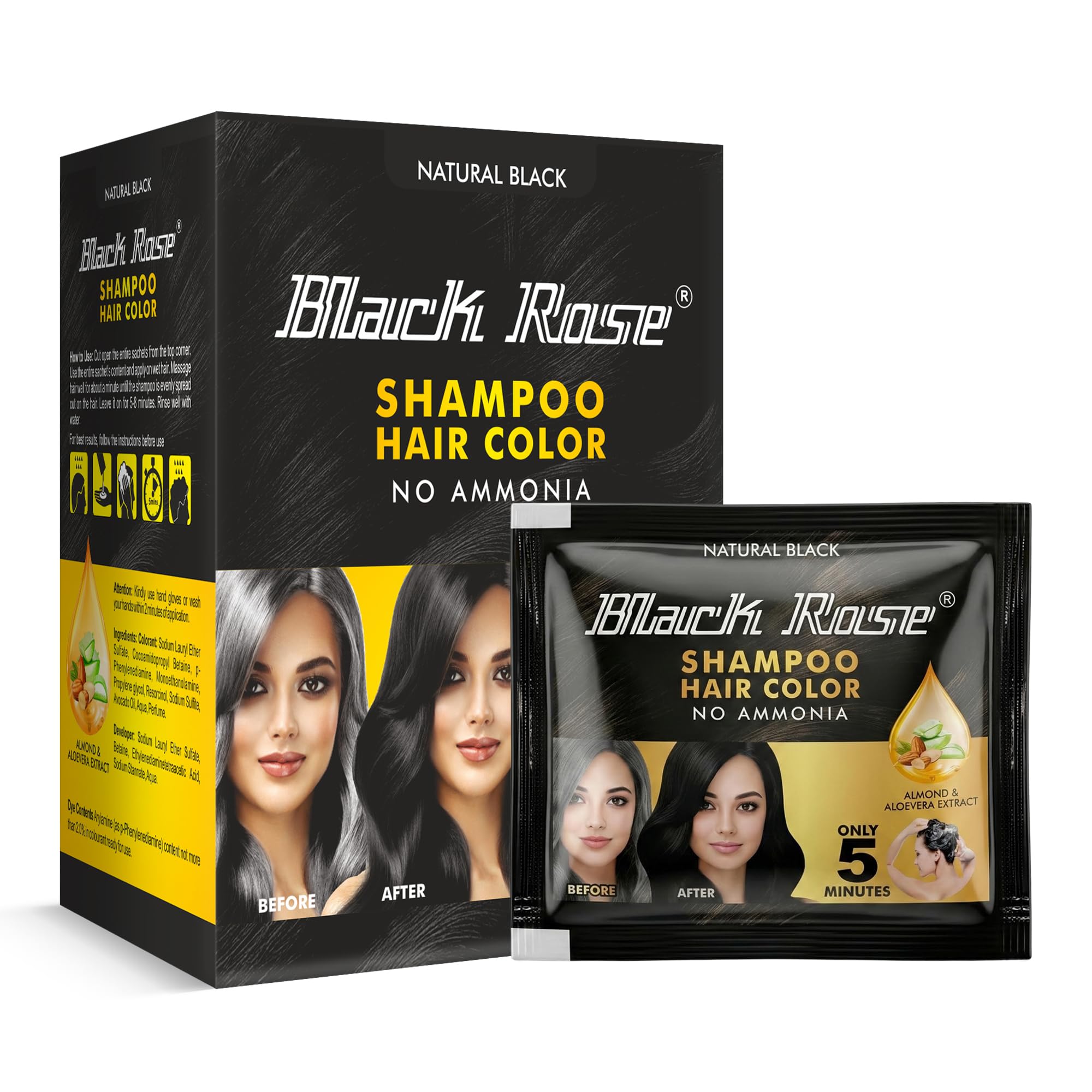 Black Rose Shampoo Hair Color with Almond & Aloe Vera Extract | Ammonia-Free | 100% Grey Coverage | Natural Black | 8 Minute Application | Hair Dye for Men & Women | 10ml Each | Pack of 10 Pouches-image-42