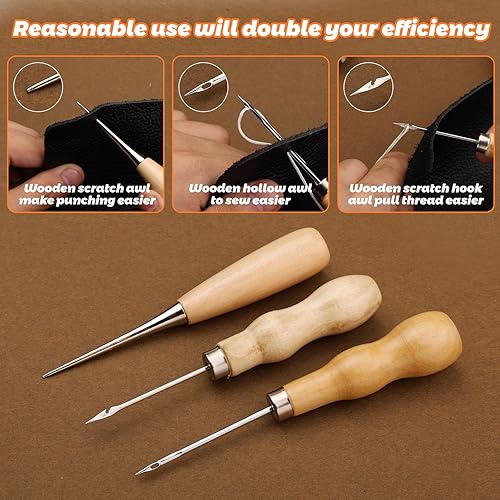 Miniatura 5 de Tikjiua Kit de costura de reparación de tapicería, 8 piezas de hilo encerado, agujas de coser de cuero, punzón de costura, dedal, kit de reparación