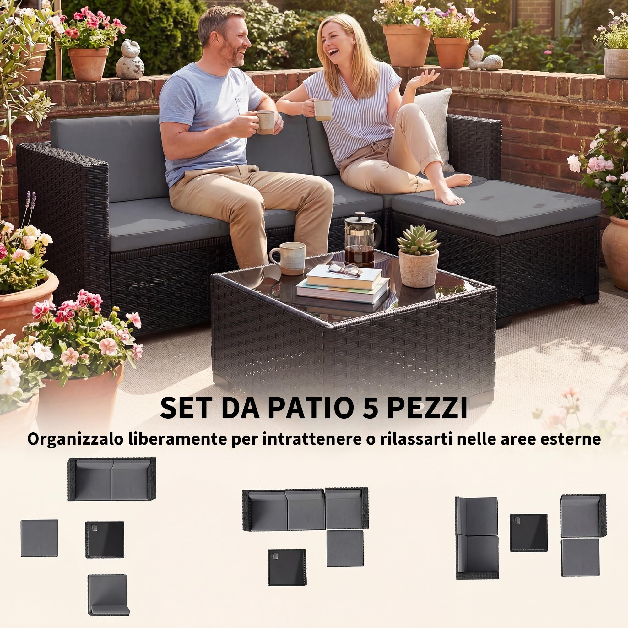 Outsunny Set Salotto da Giardino in Rattan 5 Pezzi, Set di Mobili da Giardino ad L con 3 Sedie Singole, Poggiapiedi, Tavolino in Vetro Temperato, Cuscini, Salottino da Esterno Patio, Grigio/Nero