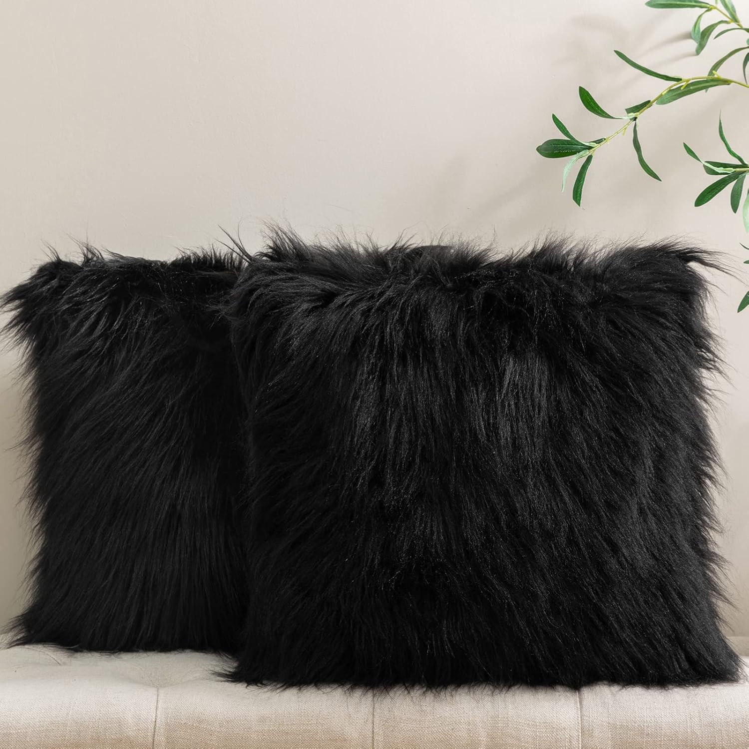 Phantoscope Pack of 2 Faux Fur Solid Throw Decorative Pillow Cover Cushion Covers Luxury Soft Decorative Pillowcase Fuzzy Pillow Covers for Bed/Couch,Black 26 x 26 Inches