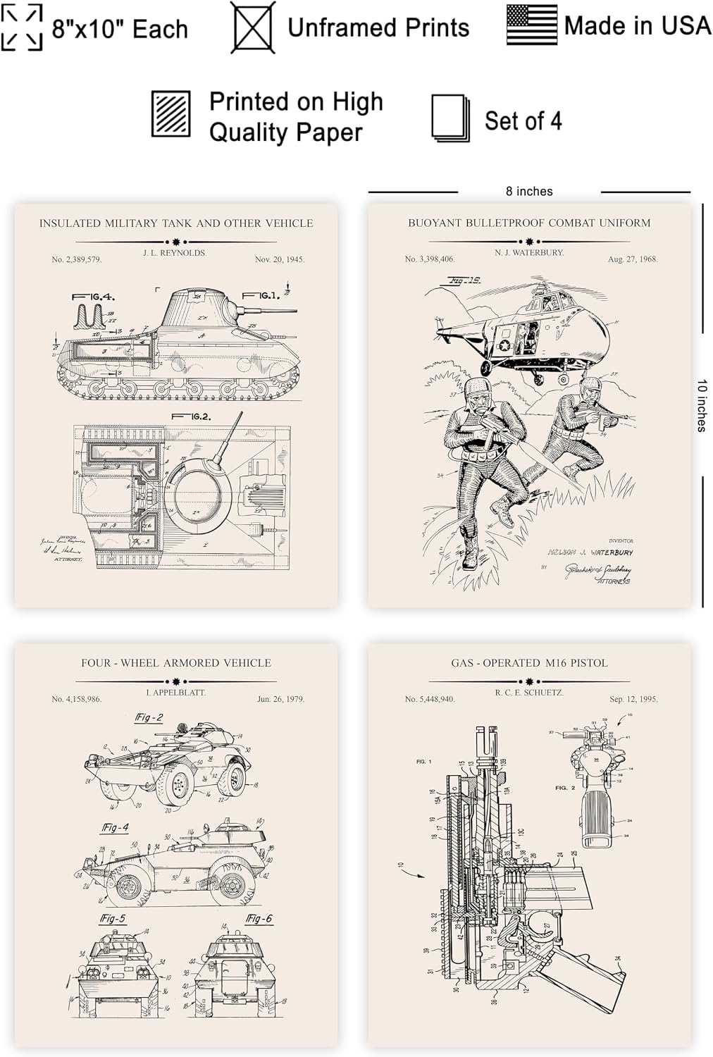 Poster Master 4-Piece Military Blueprint Poster - Tank Patent Print - Combat Uniform Art - Firearm & Soldier Design - Military Artwork - Drawing Design - Great Office Wall Decor - 8x10 UNFRAMED