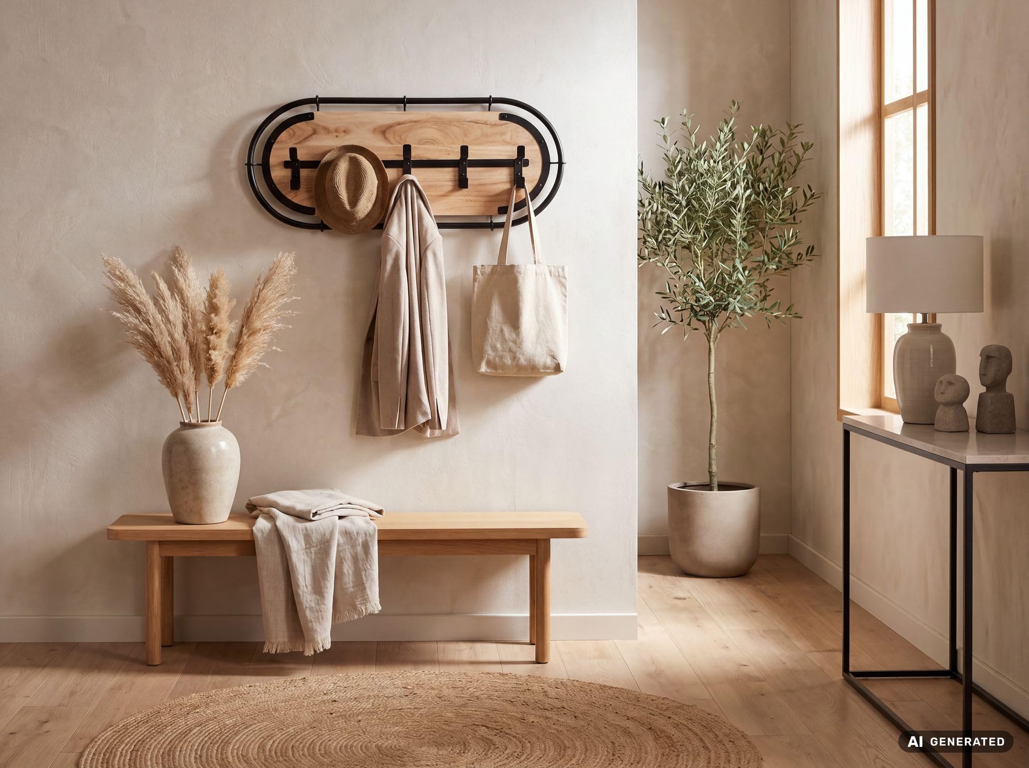 FineBuy Portemanteau mural 80 x 6,5 x 34 cm Acacia Massif Métal Fait main