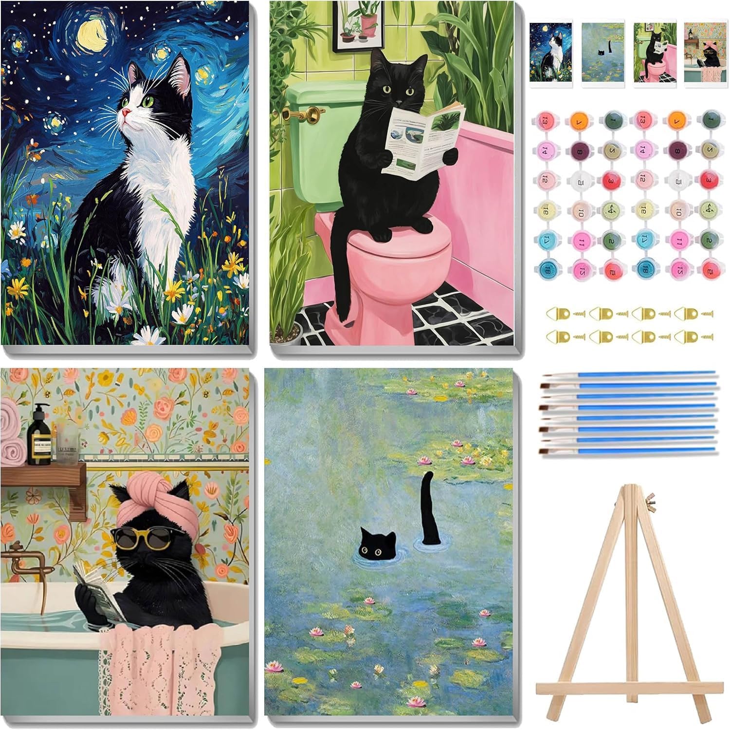 Jakener 4 Pack Black Cat Paint by Numbers Kit for Adults Beginner with Framed,Easy Adult Paint by Number Kits on Canvas DIY Painting for Beginners Art by Numbers for Home Wall Decor 10x12