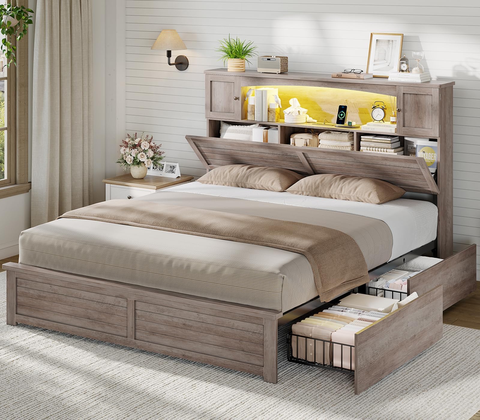 MSmask Farmhouse Bed Frame Full Size with Bookcase and Storage Cabinets Headboard, Wood Platform Bed with LED Lights, Charging Station, 4 Drawers, Decoration Footboard, No Box Spring Needed, Grey
