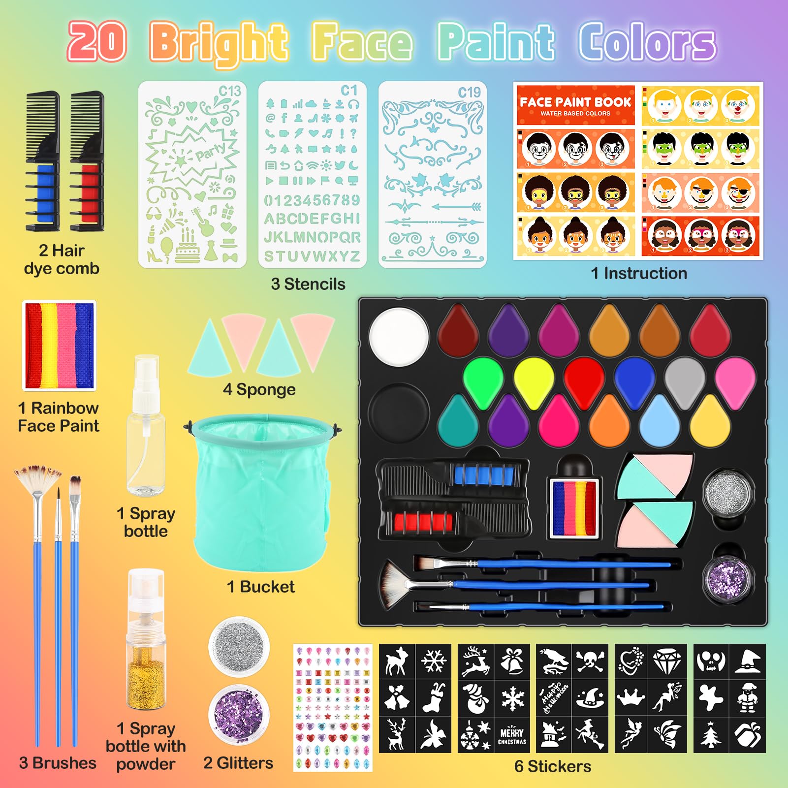Dreamon Truccabimbi Kit 20 Colore Truccabimbi Kit Anallergici Atossici con 6 Adesivi 3 Stencil 1 Secchio Pieghevole Adatto per Trucco Bambina Halloween Carnevale Feste Natale