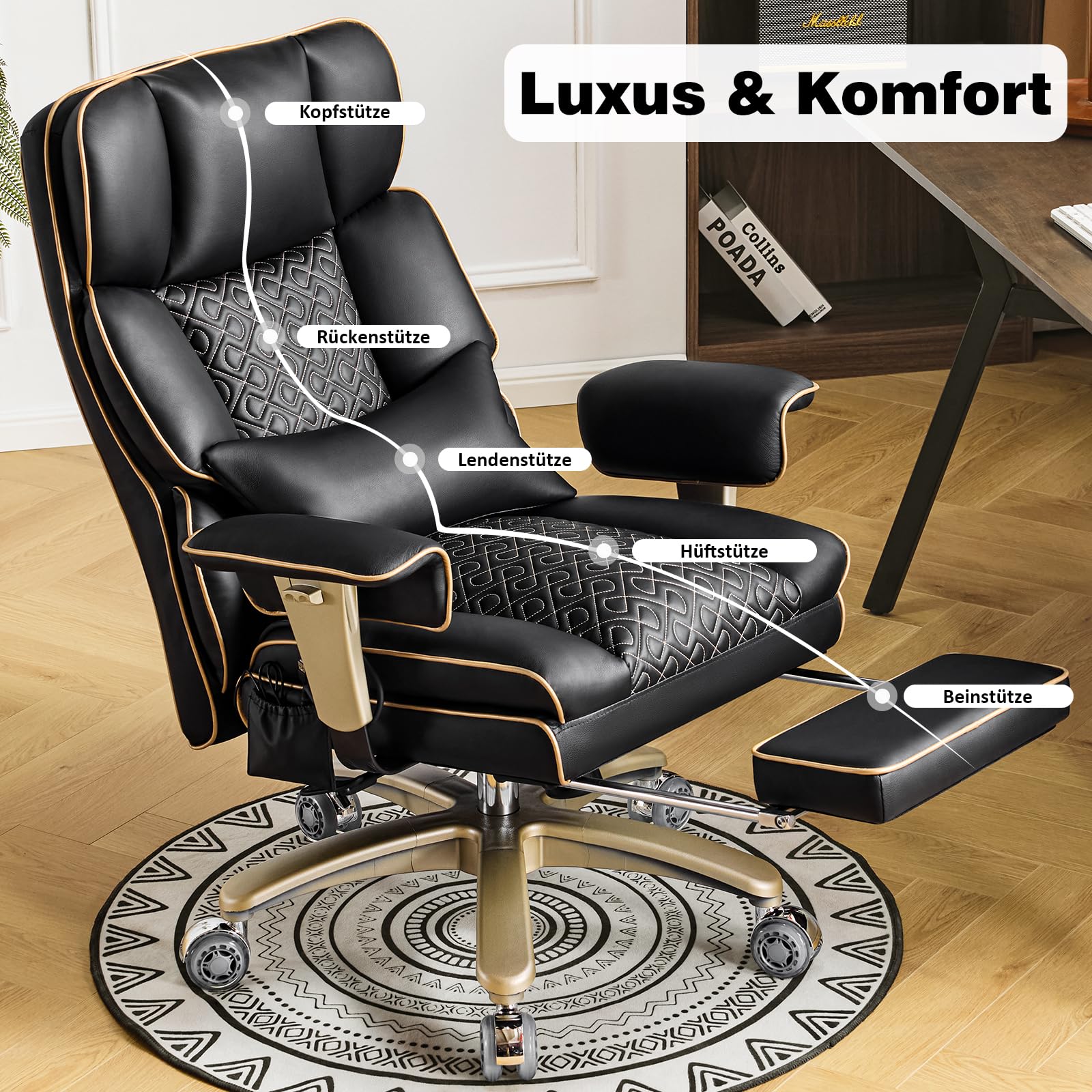 Hellove Ergonomischer Bürostuhl bis 230kg, Chefsessel mit Fußstütze & Lordosenstütze, Großer Schreibtischstuhl für Übergewichtige, Luxus Executivesessel Kunstleder für Homeoffice, Schwarz