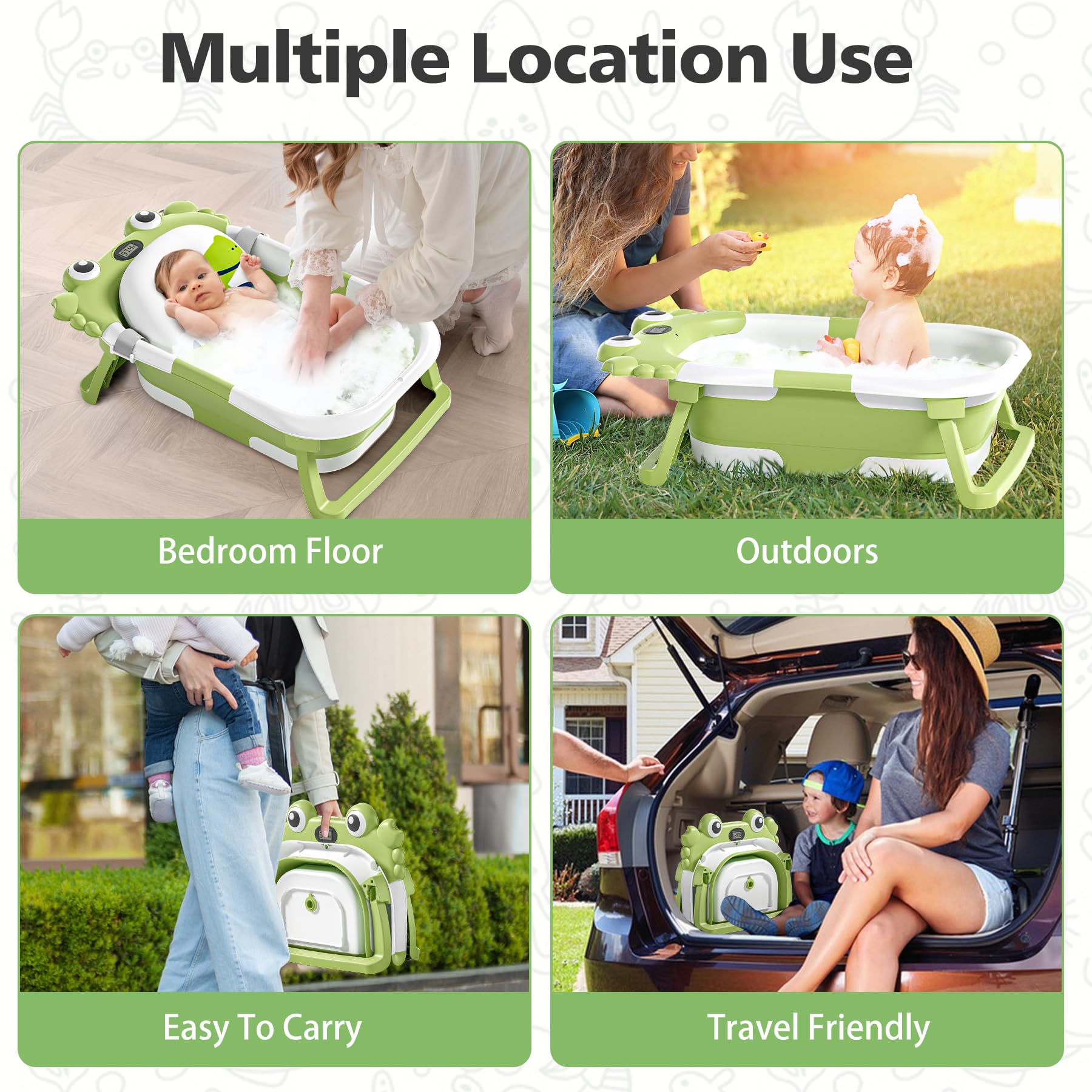 Bañera plegable para recién nacidos con termómetro y cojín flotante suave, portátil y plegable, bañera de viaje para bebés y niños pequeños de 0 a 36 meses (verde)
