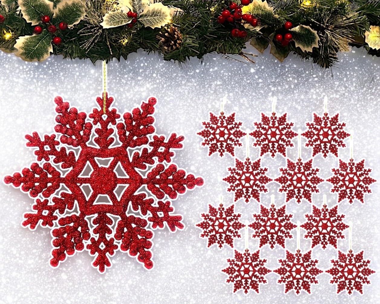Simply Products Red 12Pk Glitter Snowflake Hanging Decorations, Christmas Tree Snowflake Baubles/Ornaments (Red)