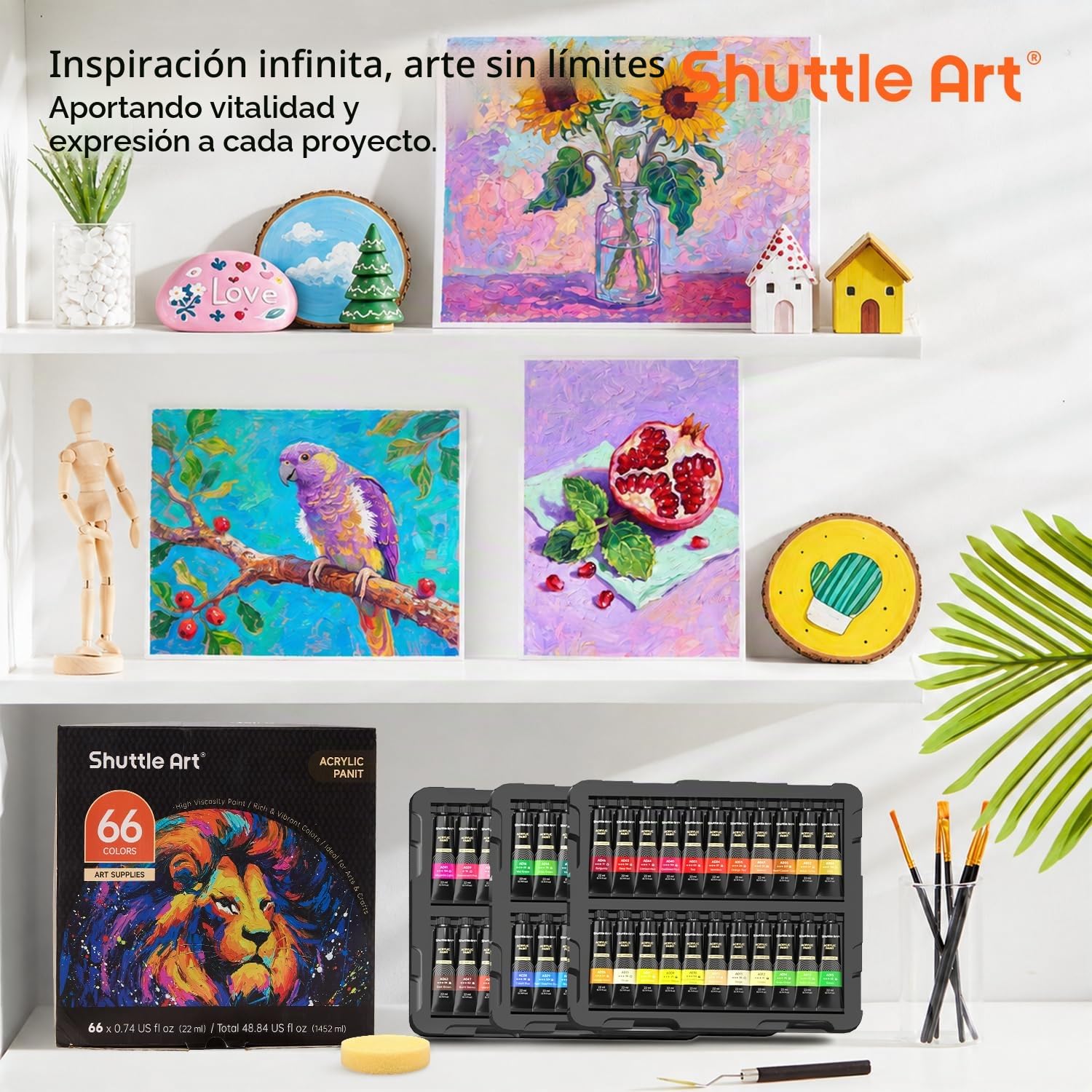 Shuttle Art 82 Pack Kit Pinturas Acrilicas 66 Tubos (22ml), Acrílico en Colores Ricos con 10 Pinceles, No Tóxicos, Ideales Pintura para Tela, Lienzo, Madera, Arcilla, Cerámica para Adultos y Niños