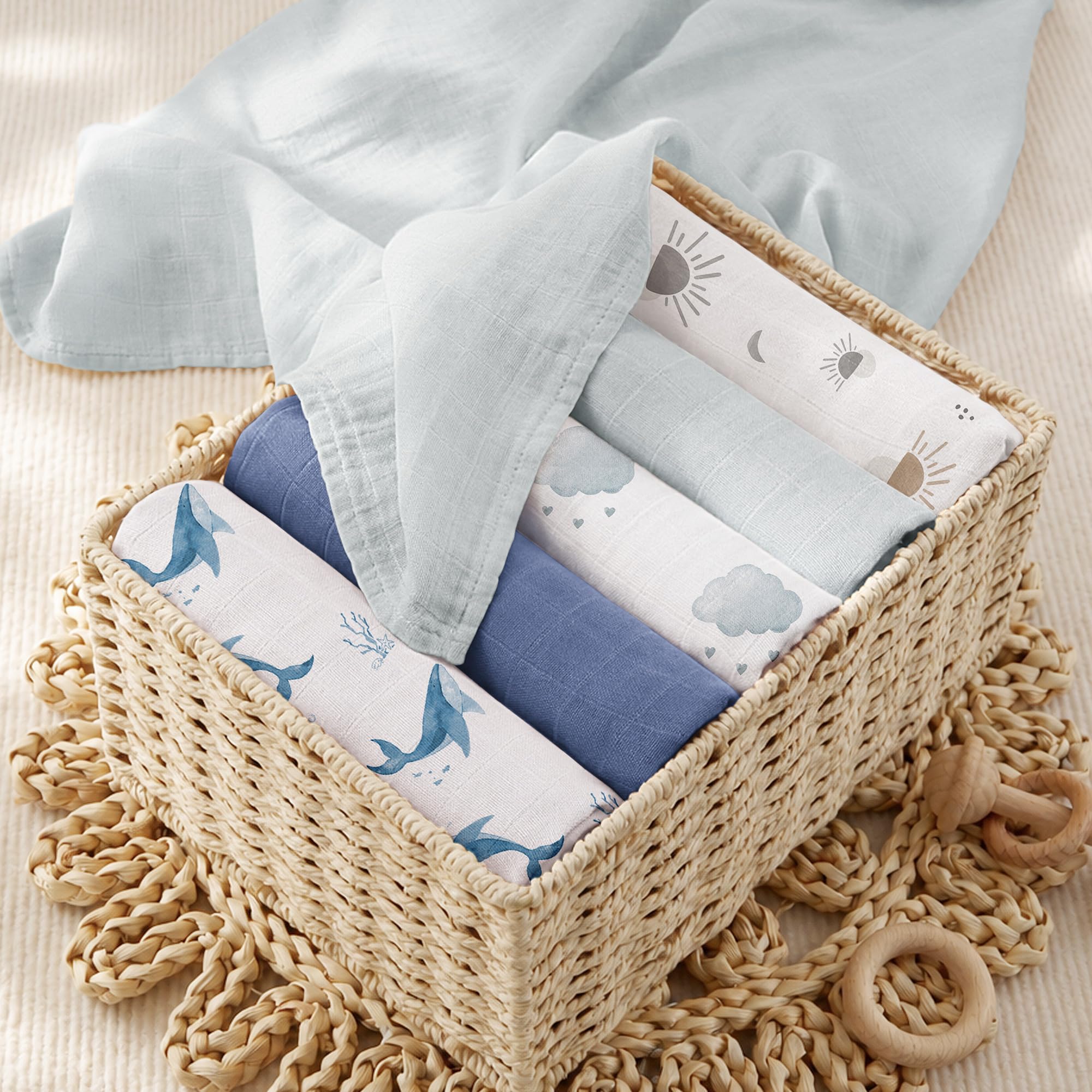 Bearmoss Panno in mussola per bambini, 5 pezzi, traspiranti e assorbenti, 60 cm x 60 cm, per il bagno, asciugare e pulire i neonati (balena blu)