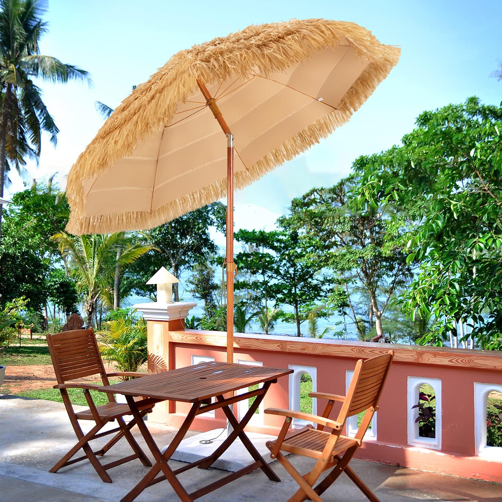 COSTWAY Sombrilla hawaiana, diámetro 175 cm, paja, plegable 30°, para jardín, balcón, playa, naturaleza