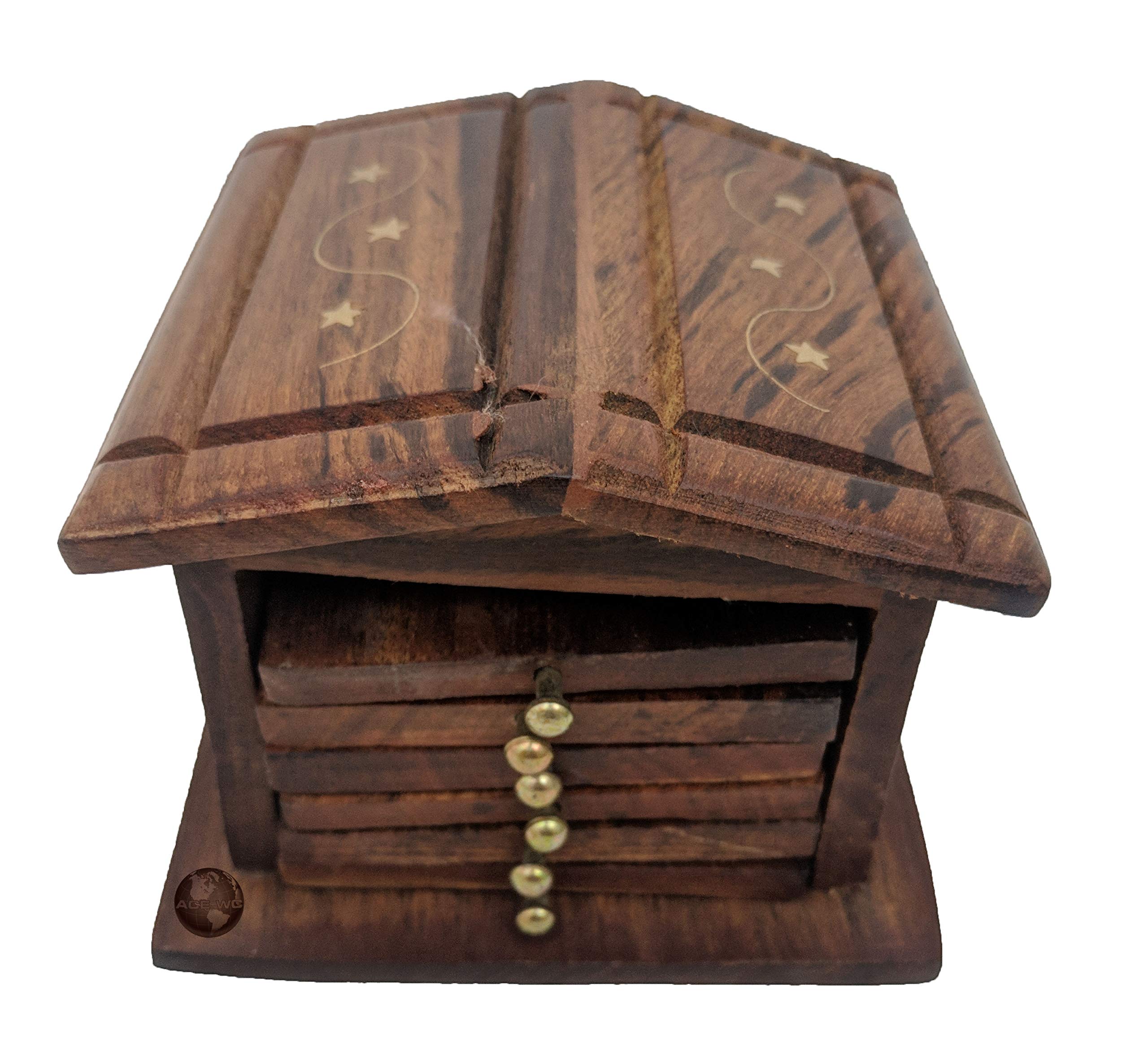 Sheesham Wood Hut Shape Wooden Tea Coffee Coaster Set of 6 for Home-picture-24