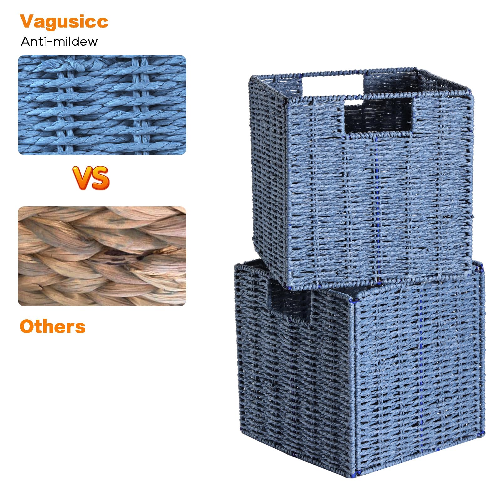 Vagusicc Cesta de almacenamiento de mimbre, juego de 2 cestas tejidas a mano, plegables, de cuerda de papel, cubos de almacenamiento de 9 x 9 x 9 pulgadas con asa, cestas para regalos vacíos,
