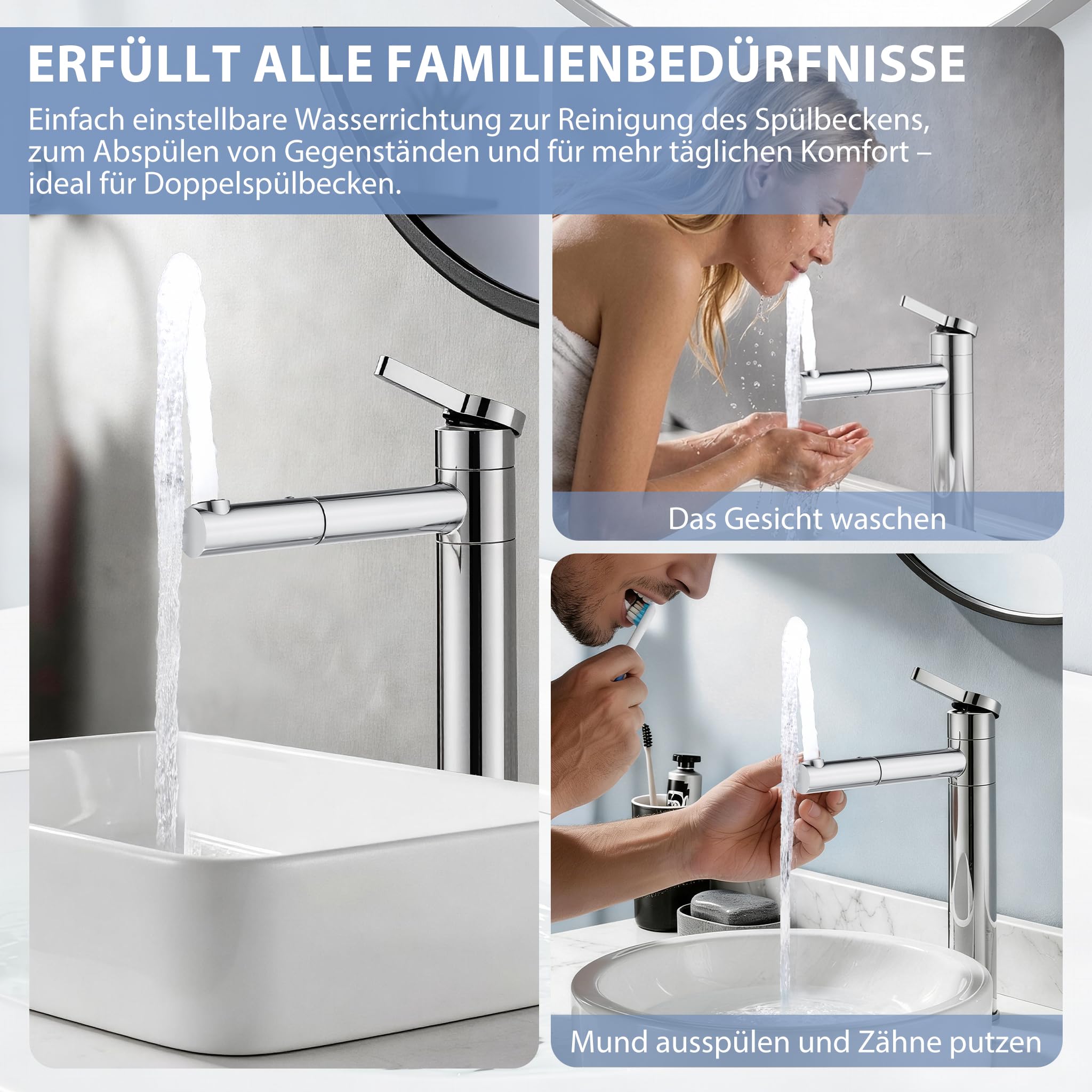 HOMELODY Grifo de lavabo alto cromado, doble caño y cuerpo giratorios 360°, 215 mm de altura de caño de acero inoxidable, grifo monomando para baño, ahorro de agua
