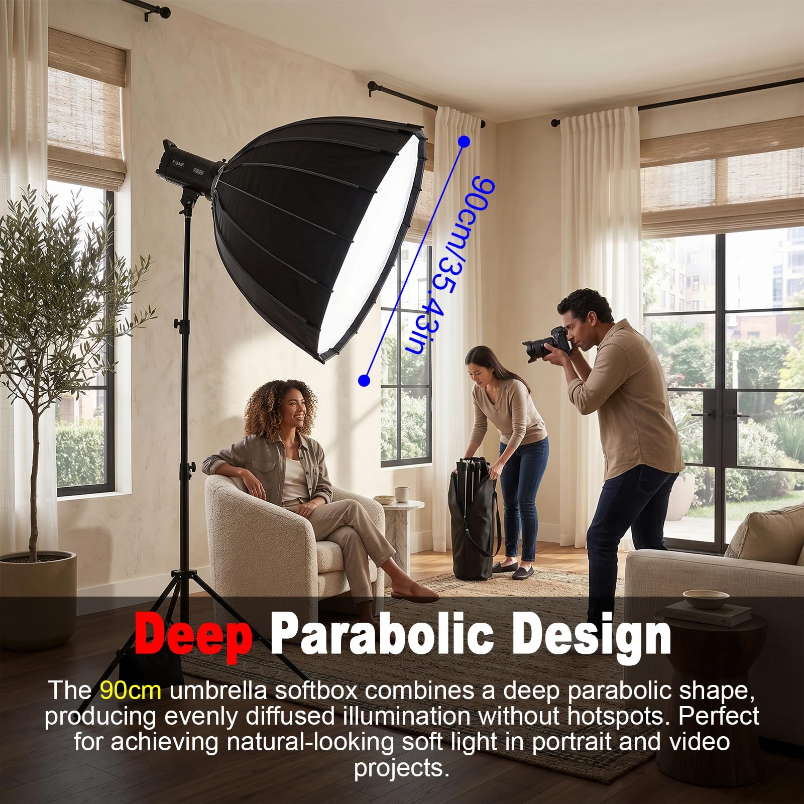 Softbox Paraboliczny 90 Cm z Mocowaniem Bowensa, Miękki Pudło o Głębokości 35,4 Cala z Szybkozamykaczem i Dyfuzorami z Siatki o Strukturze Plastra Miodu do Fotografii Studyjnej
