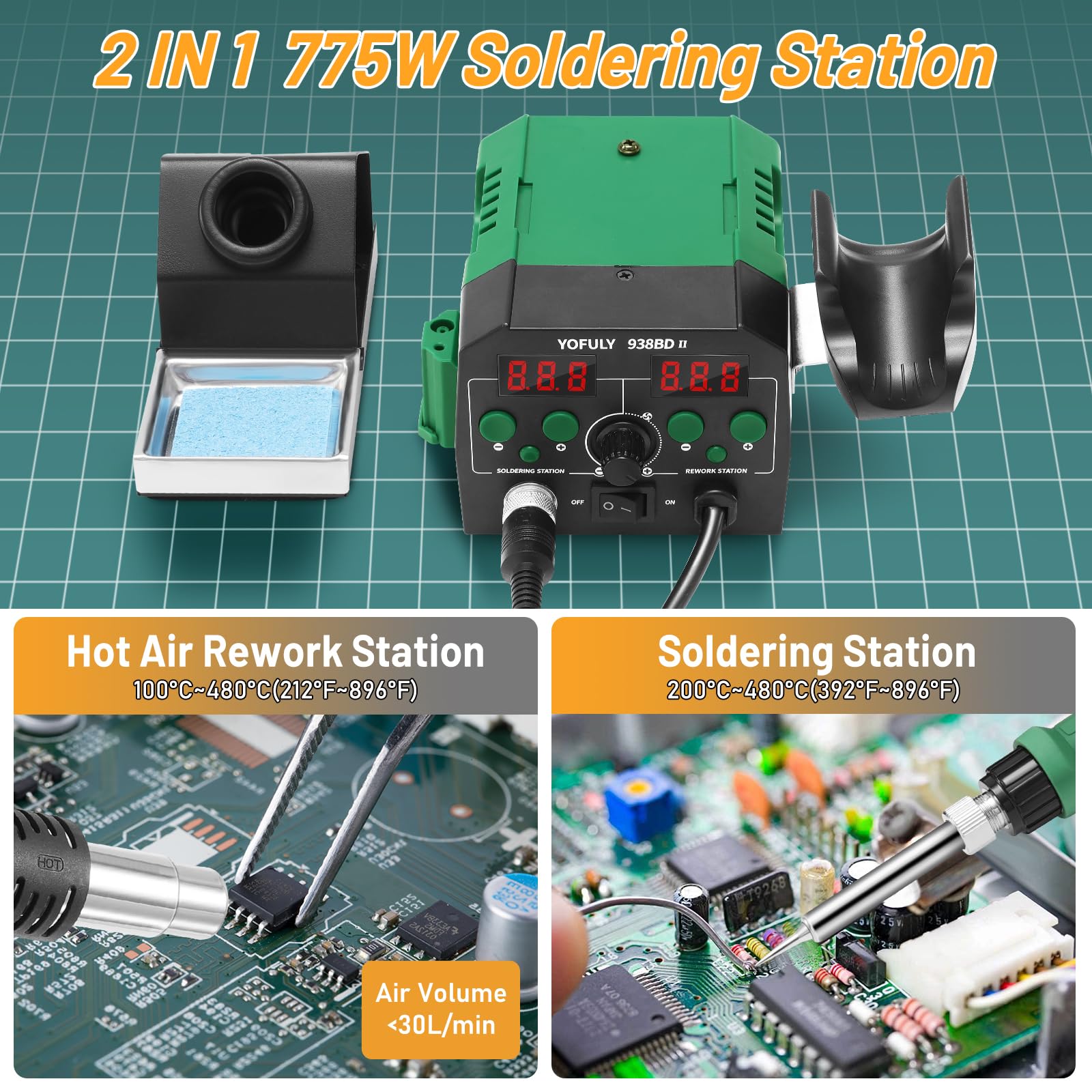 Station de soudure à air chaud, TwoWin Fer à souder avec affichage à loupe, station de soudage avec double affichage numérique LED pour soudure et dessoudage SMD - 775W
