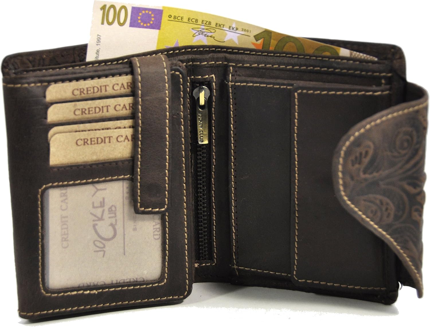 Feminine ladies’ wallet purse long, oil embossed full leather, Jockey Club floral motif, vines and blossoms - Image 4