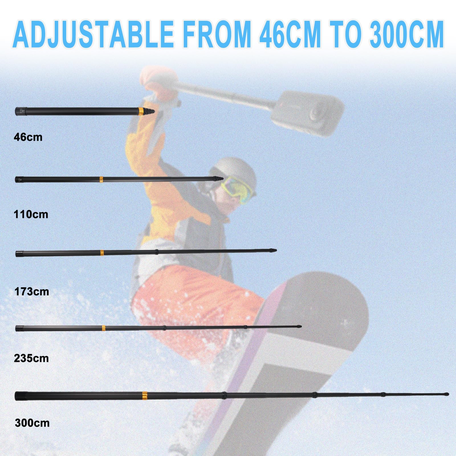 300cm Perche à Selfie Invisible en Fibre de Carbone, Compatible avec Insta-360 One R, One RS, GO 2, One X2, One X, X3, Vis 1/4 Pouce 46cm-300cm Longueur Réglable