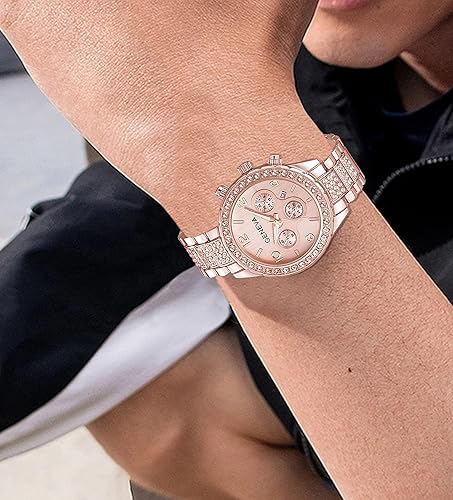 Miniatura 5 de Reloj de cuarzo unisex con diamantes de cristal flotantes de lujo con pulsera de eslabones de acero inoxidable Rose gold