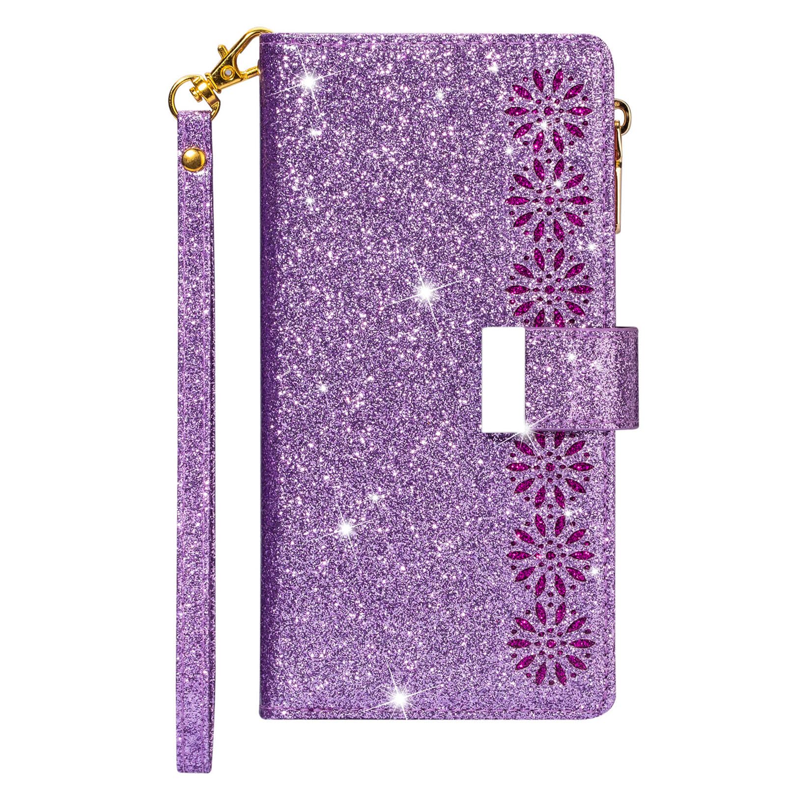 Etui do Samsung Galaxy S24 S24 Plus S24 Ultra Kobiety Brokat Bling PU Skórzane etui z klapką z 9 miejscami na karty Opaska na nadgarstek Podpórka Etui magnetyczne, do S24 Ultra, fioletowe