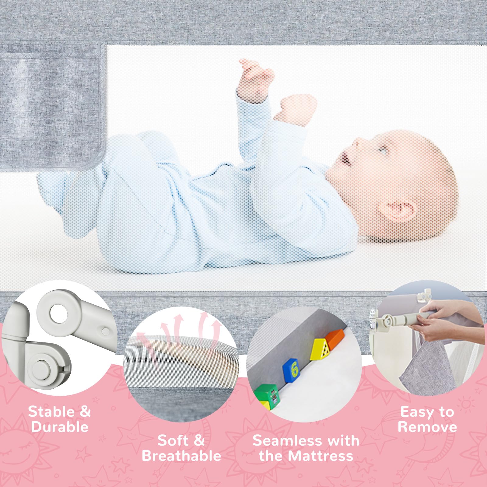 Barrière de lit anti-chute 180 cm Gris Clair avec design abaissable et sac de rangement