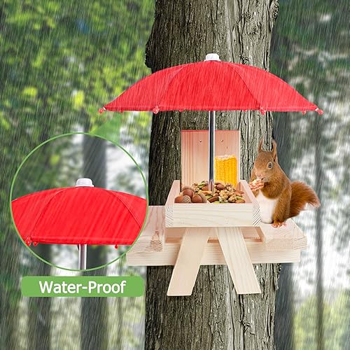 Miniatura 2 de Alimentador de ardillas  Mesa de madera para comer ardillas con paraguas, comedero de ardilla marrón con soporte para mazorca de maíz para una