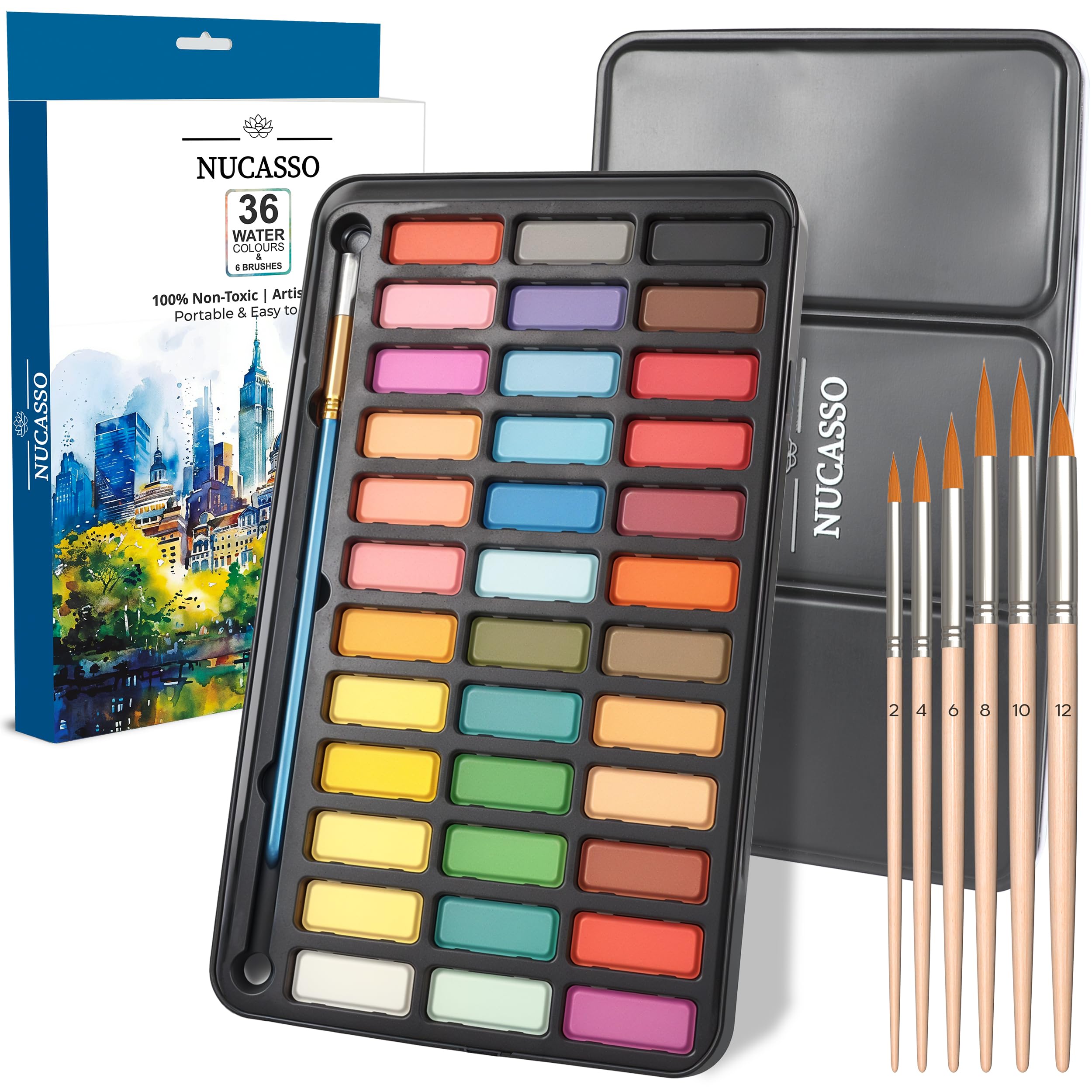 NUCASSO Watercolour Paint Set – 36 Vibrant Colours in Travel Box | Palette with 7 Premium Brushes | Ideal Set for Students, Hobbyists & Artists