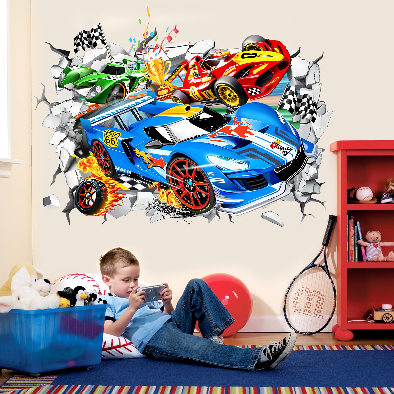 wondever Large 3D Racing Car Wall Stickers Vehicles Break Through Peel and Stick Wall Art Decals for Boys Room Kids Bedroom Playroom - Image 2