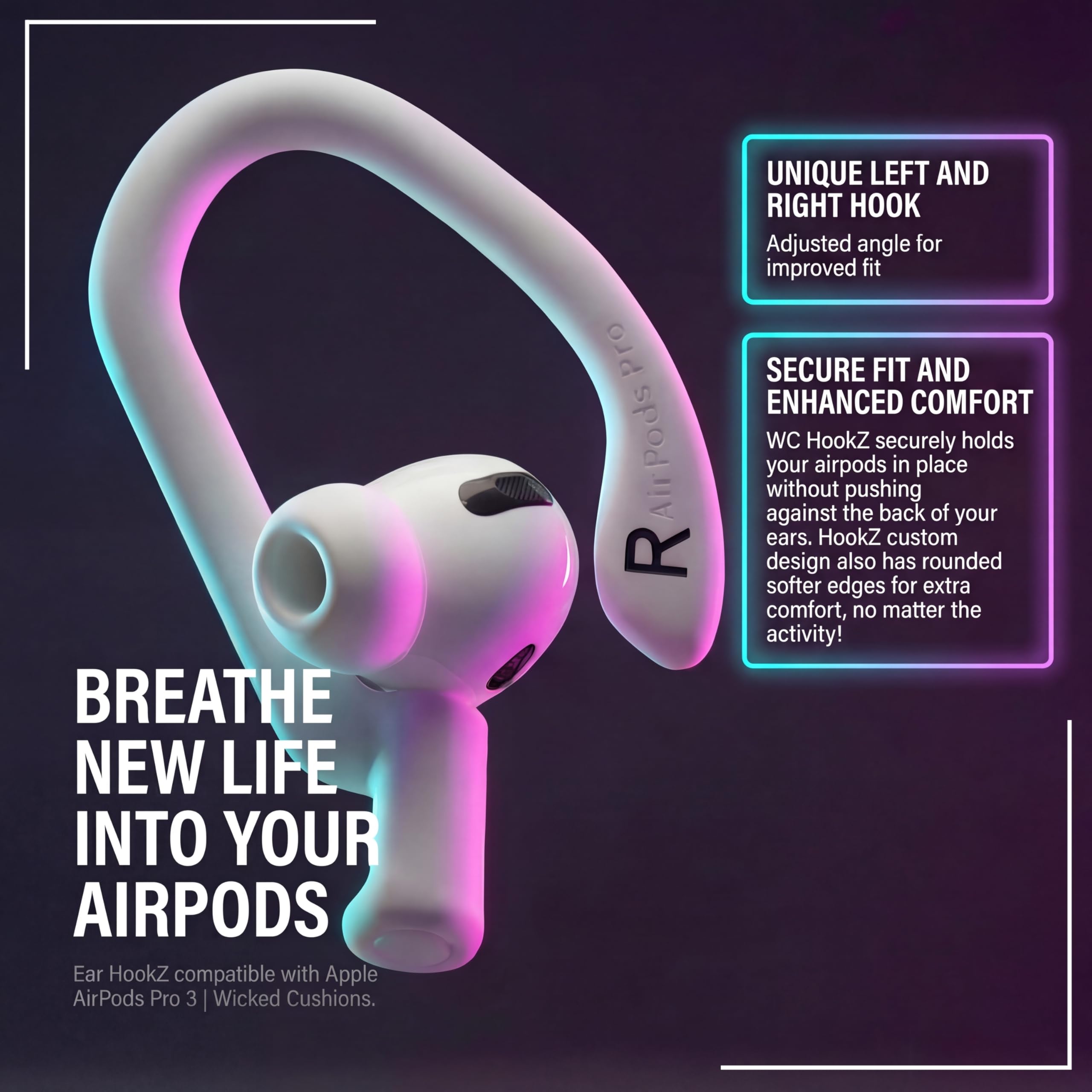 WC HookZ Pro 3 – Ganci auricolari regolabili compatibili con AirPods Pro 3 di Wicked Cushions | Nucleo malleabile per una vestibilità personalizzata, sicura e confortevole | White