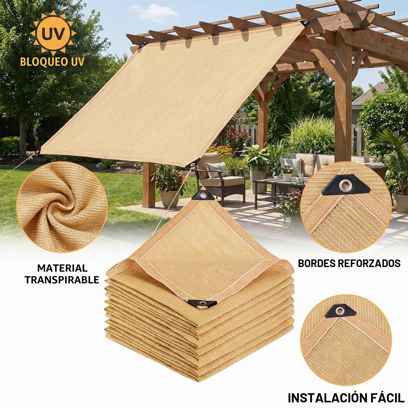 Vela de Sombra Resistente - Lona Impermeable con protección UV para terraza, jardín y Piscina | Fácil instalación con Esquinas reforzadas para Patio y Exterior