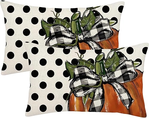 Juego de 2 fundas de almohada de otoño de 12 x 20 pulgadas, diseño de calabaza naranja de lunares, fundas decorativas de lino para otoño, Acción de