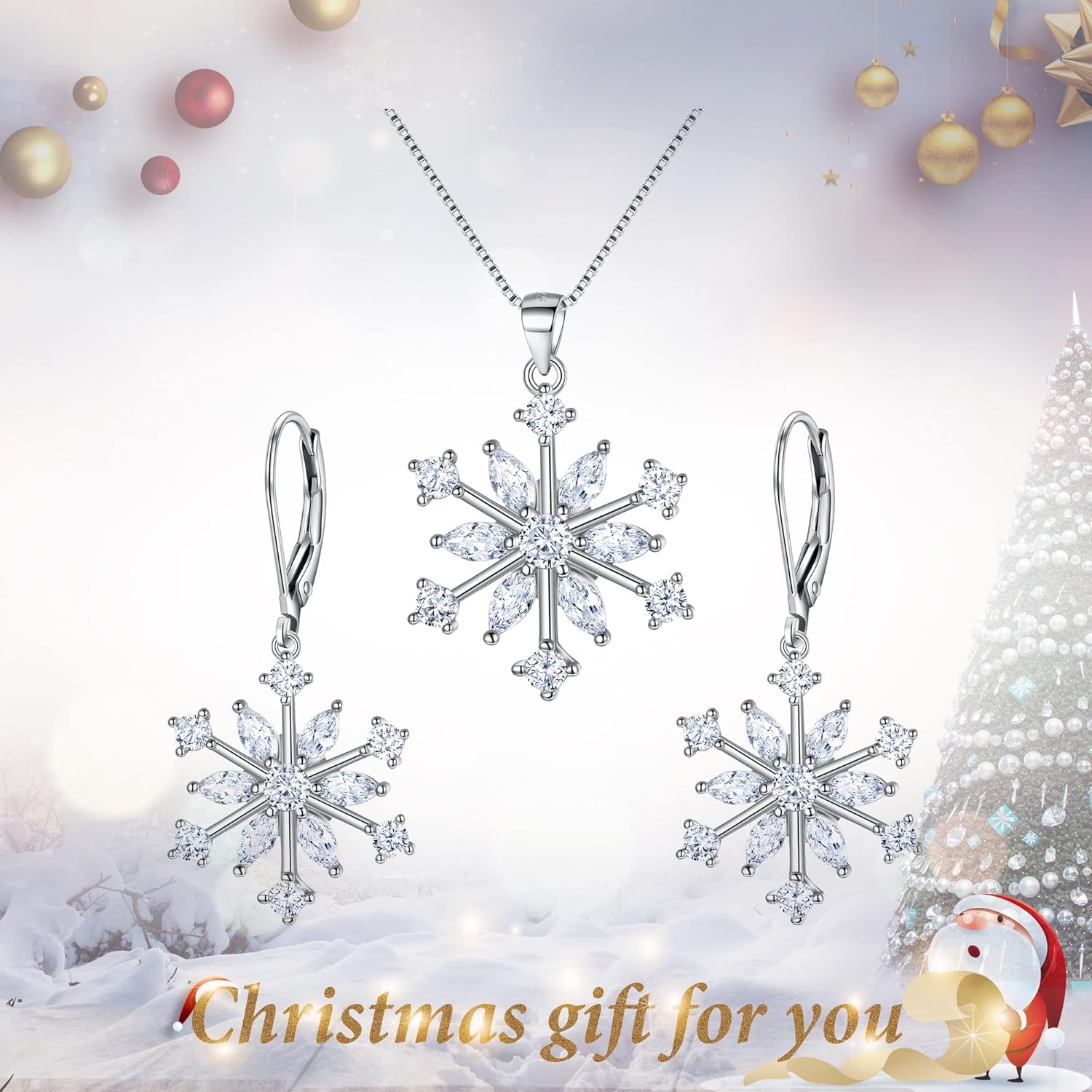 EVER FAITH Snowflake Jewerly Sets Sterling Silver Winter Accessory Sparkle Zircon Flower Necklace Leverback Earrings Set - Image 2