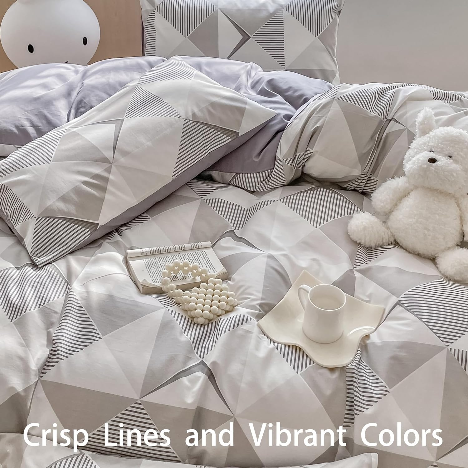 Geometric Duvet Cover Set Queen Size, Abstract Triangle Pattern Print Bedding Set, 3 Piece Egyptian Cotton, Zipper Closure, Soft Breathable, for Home Bedroom Guest Room All Seasons