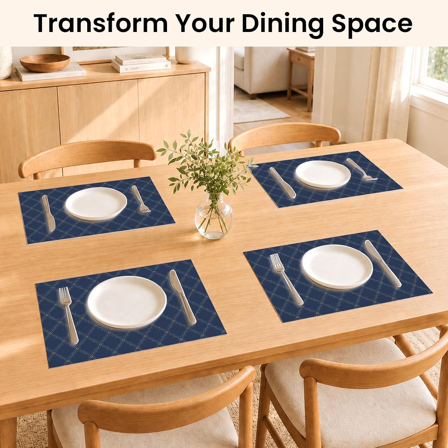 Navy Trellis Placemats Set of 4, 12 x 18 Inch, PU Leather image 2