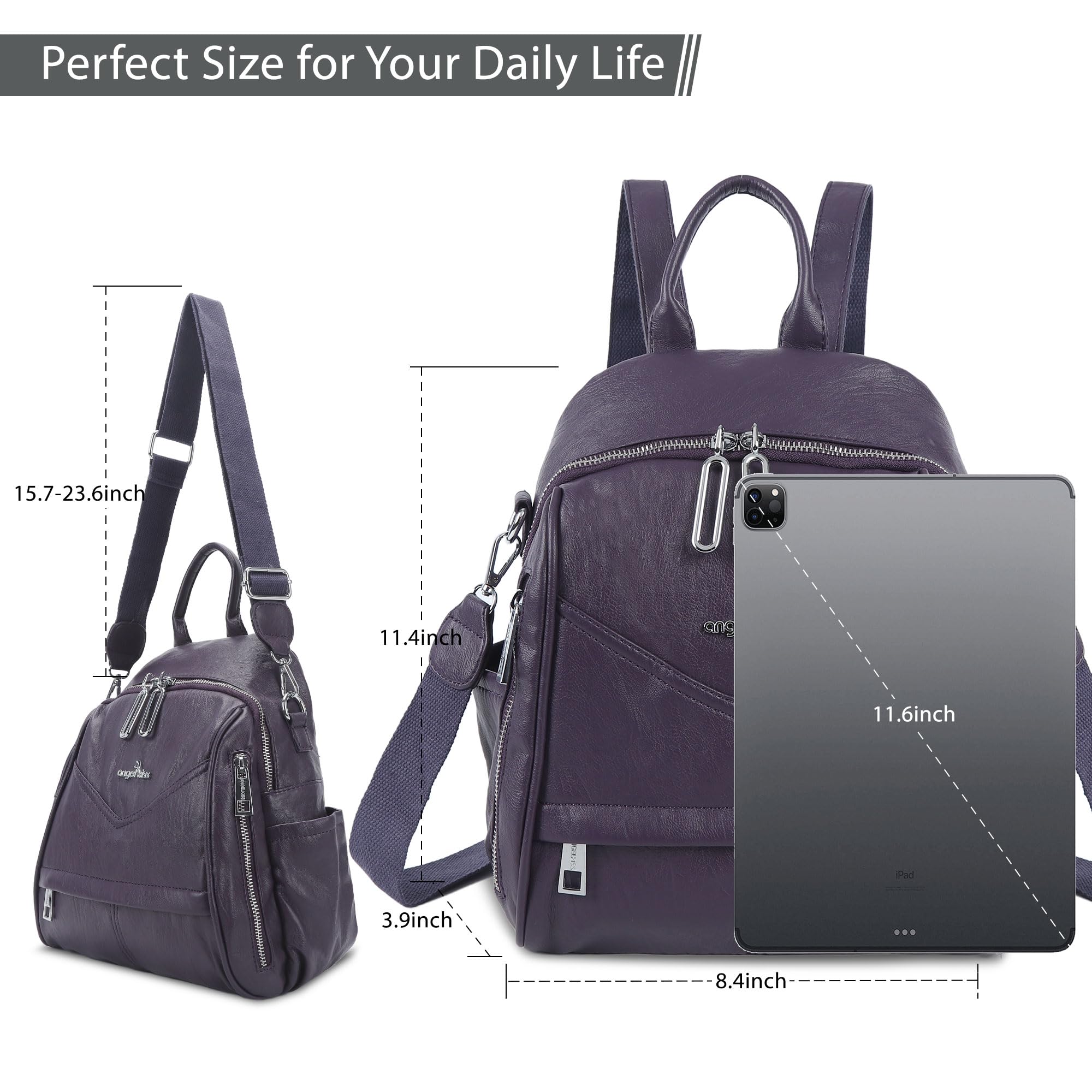 Angel Kiss Small Backpack Purse for Women,Soft Vegan Leather Roomy Backpacks,Designer Ladies Shoulder Backpack Fashion Handbag with Removable Strap,Purple