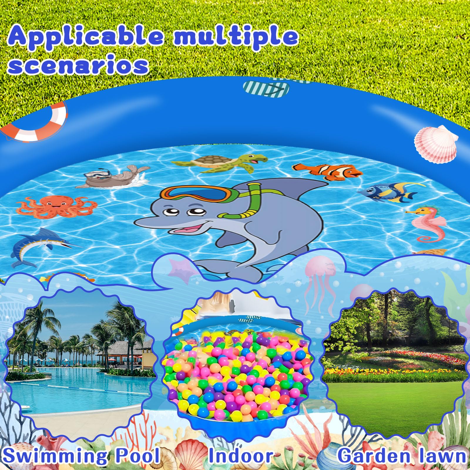 Tapis eau Pliable en PVC, Jeux d'eau Exterieur pour Enfant et Chien, Jet Fontaine Réglable 170 CM Piscine