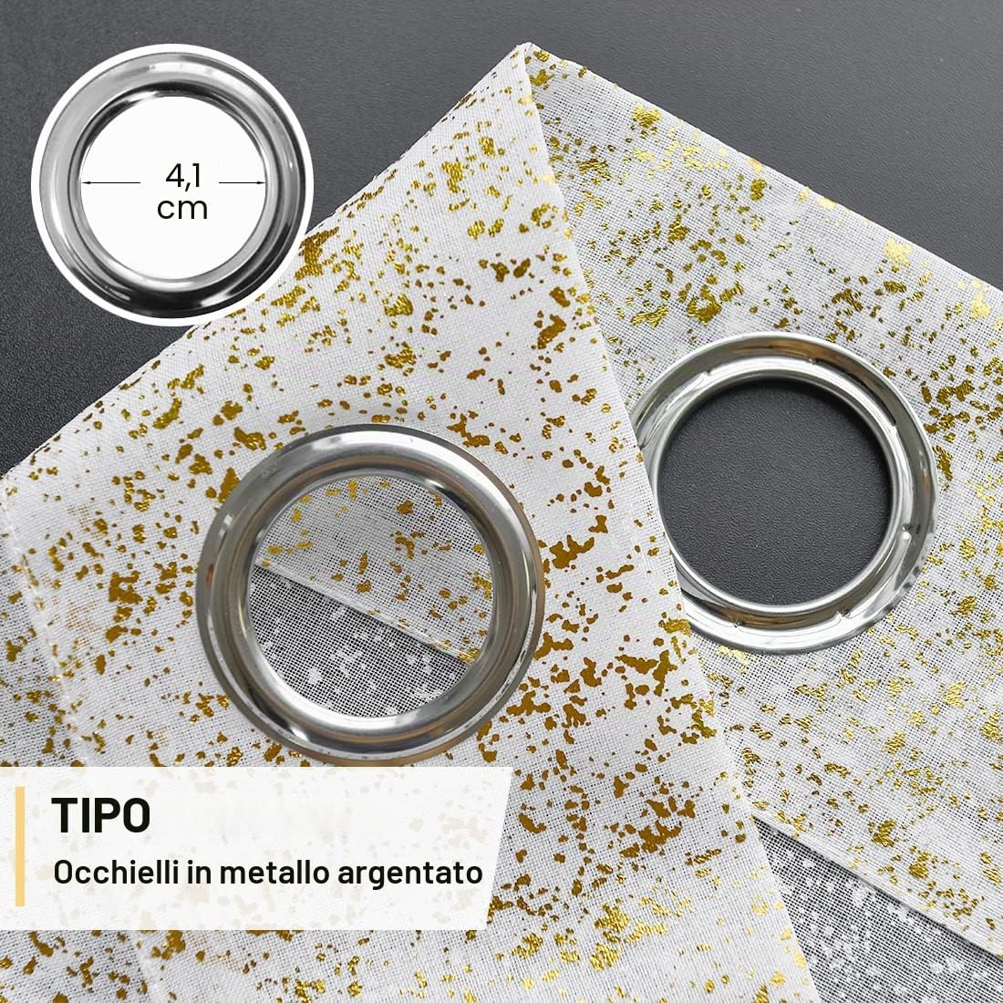 TERLYTEX Tende trasparenti bianche e dorate, lunghe 240 cm, con stampa a pois in lamina d'oro metallizzata, per soggiorno, con occhielli per la privacy, set di 2 pannelli, 133 x 240 cm, bianco oro