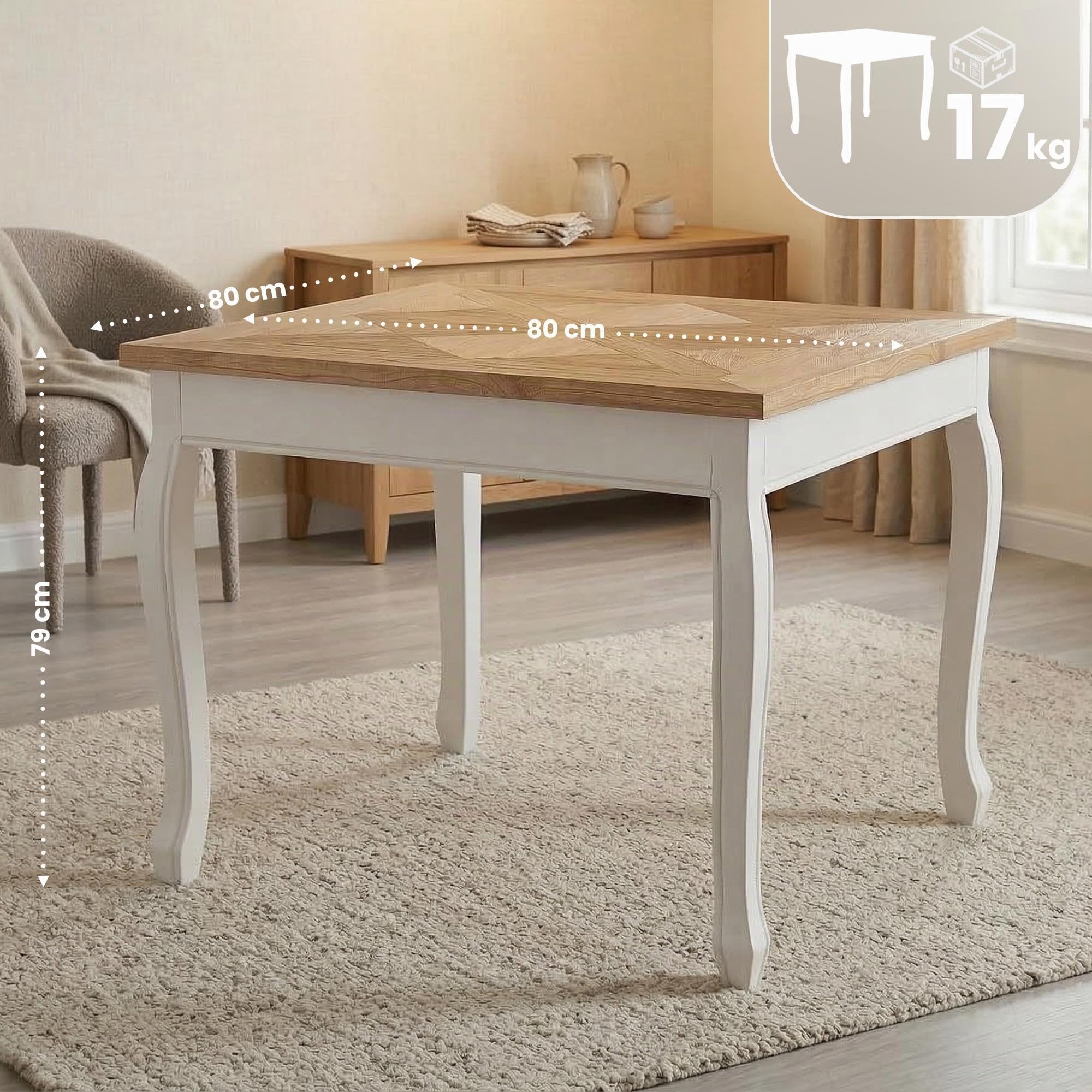 CLP Tavolo da pranzo quadrato 80 x 80 cm Lindon, tavolo da cucina stile country, piano quadrato in legno massello di olmo, gambe Shabby Chic | Colore natura/bianco
