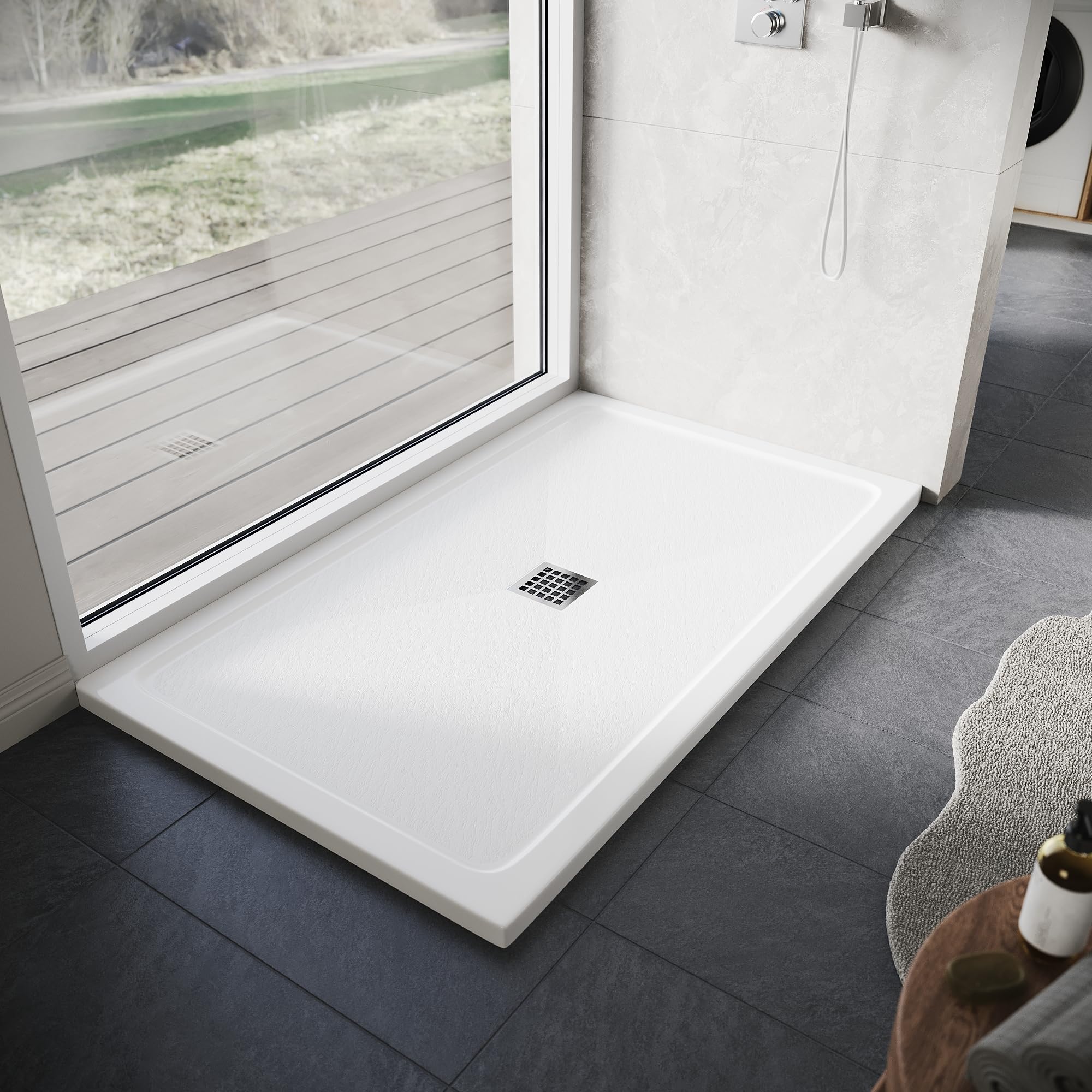 ELEGANT SMC Shower Tray 1000 x 800 x 40 cm White Durable Shower Tray with Non-Slip Flat Stone Look for Shower Enclosure Cubicle and Wet Bathroom + Waste Trap