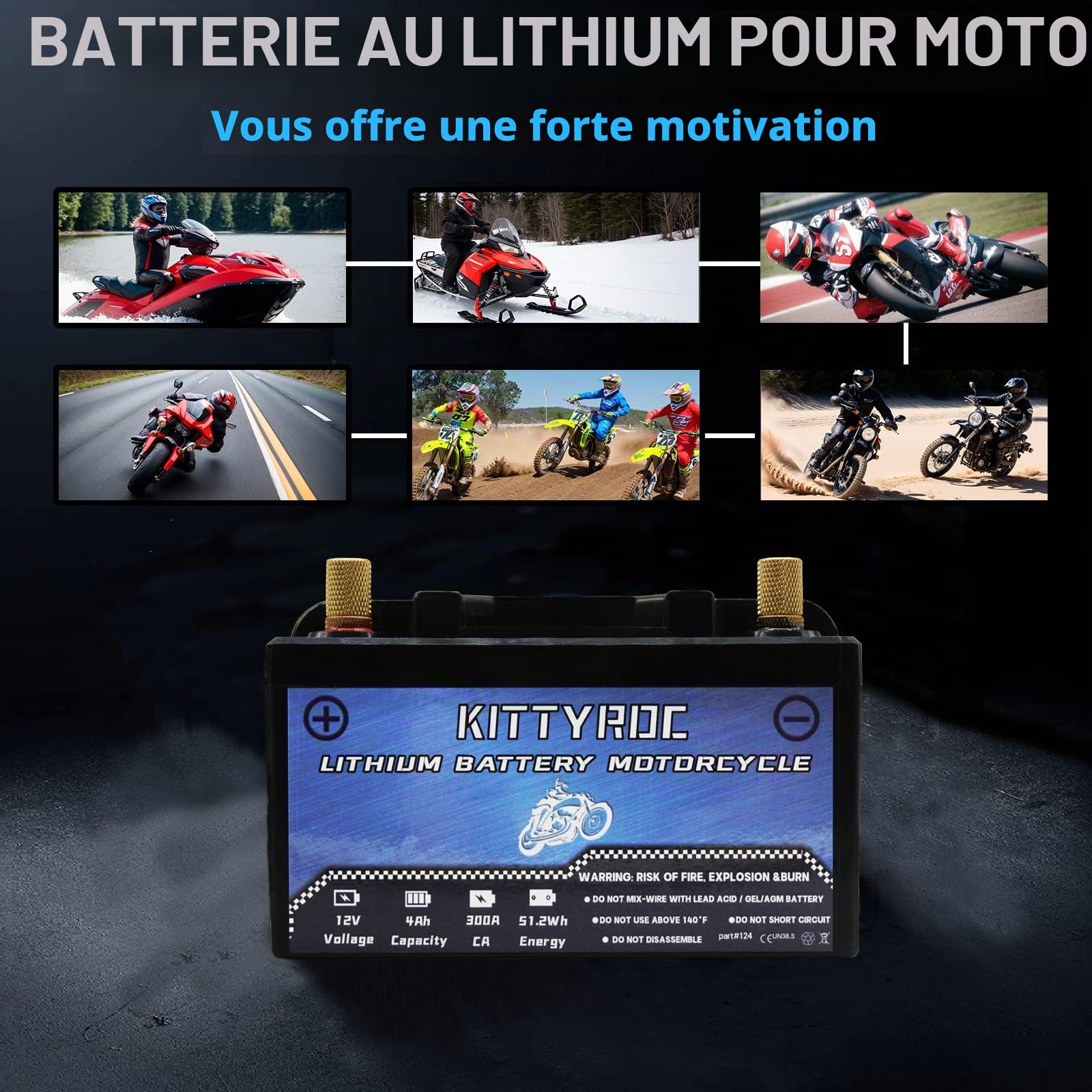12V Lithium Moto Batteries 4Ah 300A, LiFePO4 Batteries with Smart BMS, Replacement ATV, UTV, Moto, Lawn Mower, Jet Ski, Snowmobile, 4 Wheeler, Tractor, Scooter and Generator Batteries