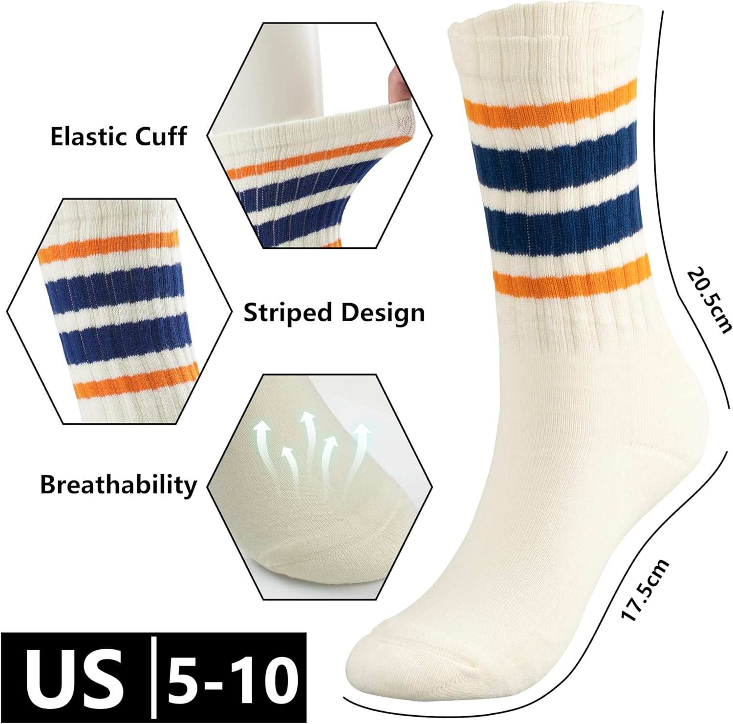 BomKinta Striped Crew Socks Women - Retro Novelty Socks - Stretchy Casual Athletic Cotton Gifts Sock Size 5-10 - Image 5