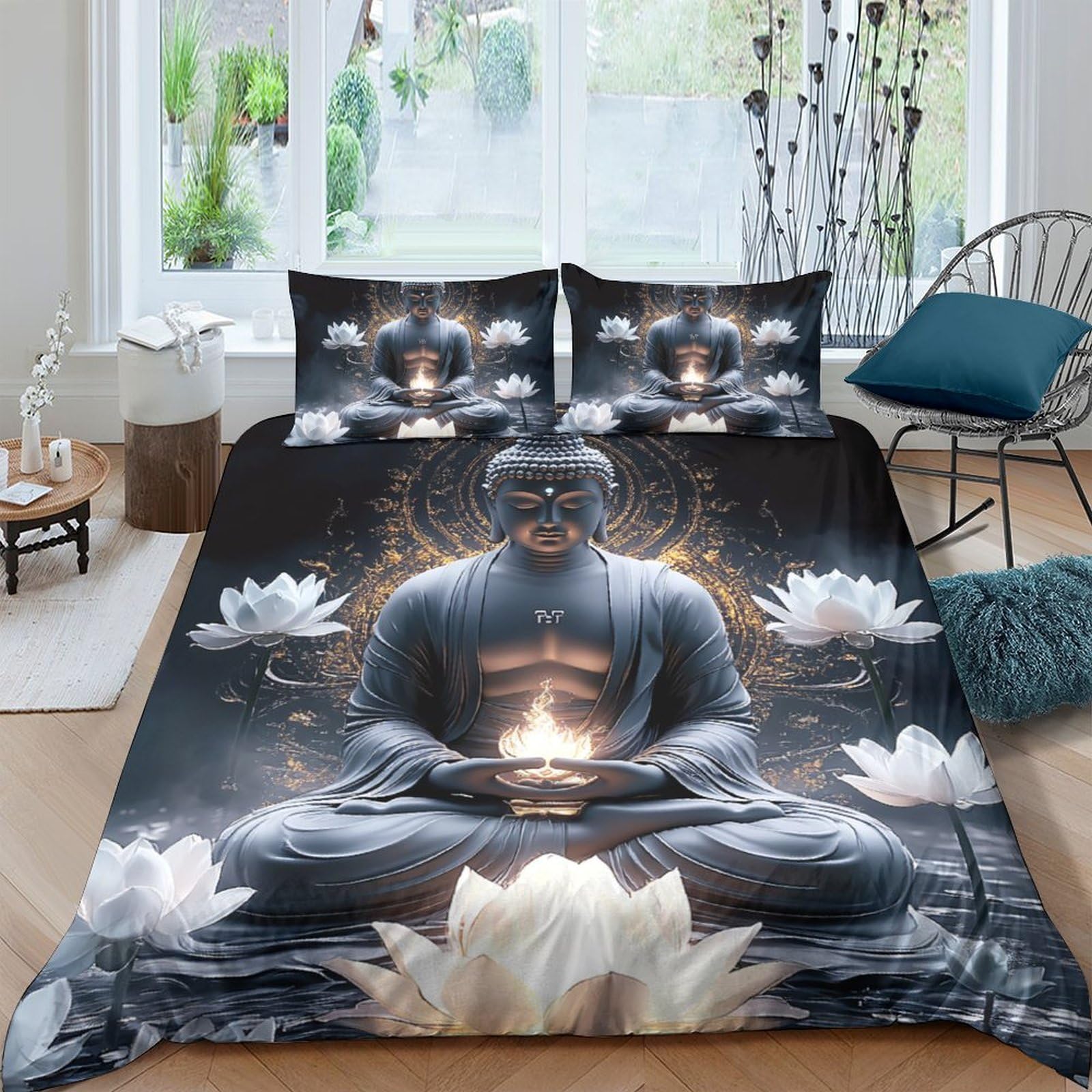 Ctjqhvkz Style-9 3D Printed Buddha Meditation Fitted Sheet Microfiber Soft Lotus Flowers Bed Cover For Bedroom Dorm Mattress Decor, Dustproof, Washable Single（135X200cm）