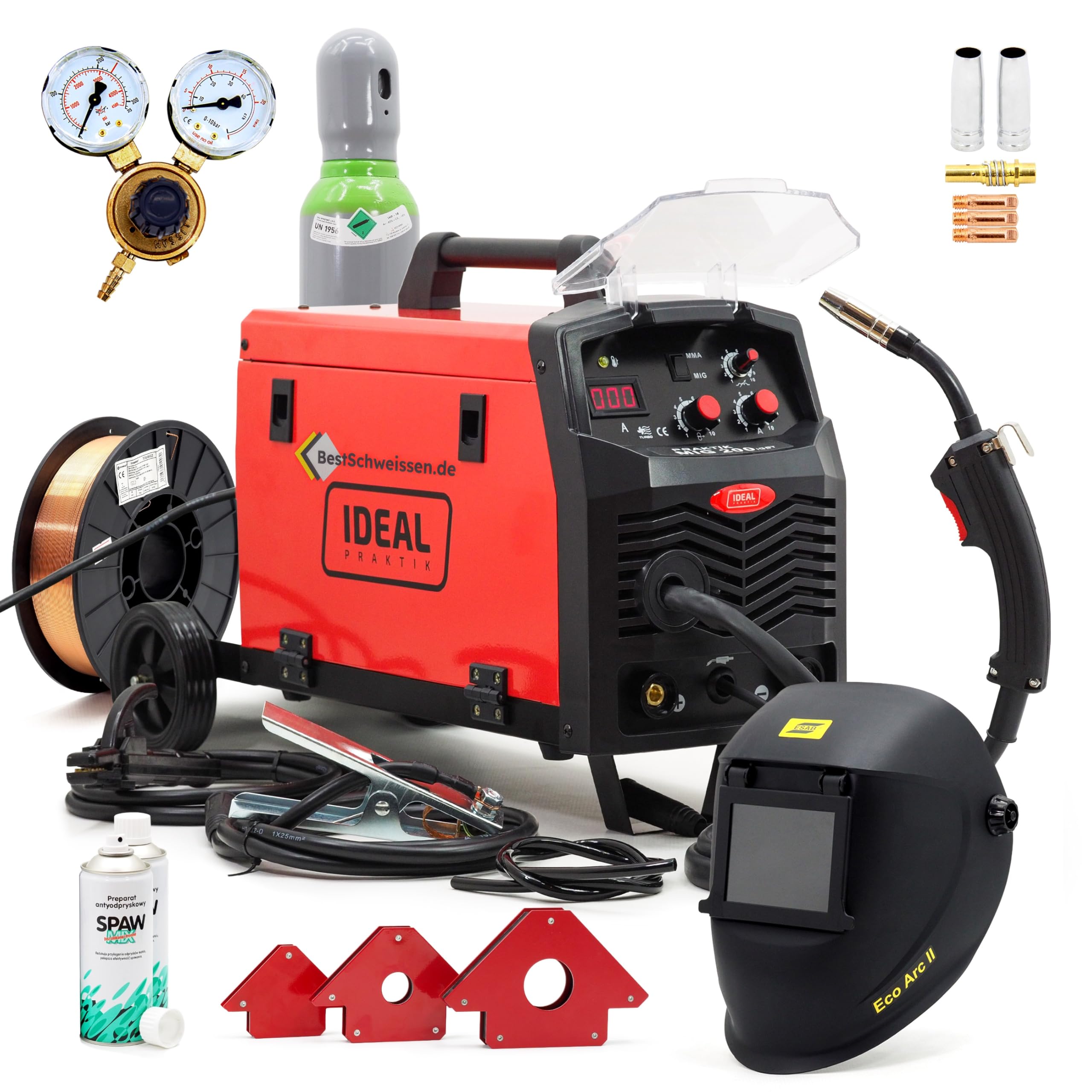 MIG MAG Schweißgerät Inverter 230V 200A, Schweißdraht 0,8mm 5kg, Gasflasche Ar/CO2, Schweißmagnet Set & Schweißschutzspray - Bestschweissen.de Ideal Praktik MIG 200