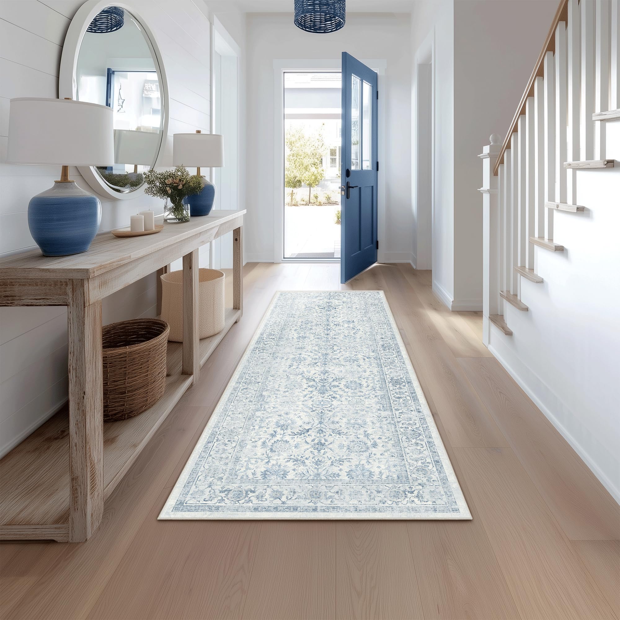 Beauoop Hallway Runner Rug Blue Vintage Neutral Washable 60x180 cm Non Slip Low Pile Traditional Indoor Carpet Soft Retro Entryway Rug for Kitchen Living Room Bedroom Bathroom Laundry Entrance โ image 1
