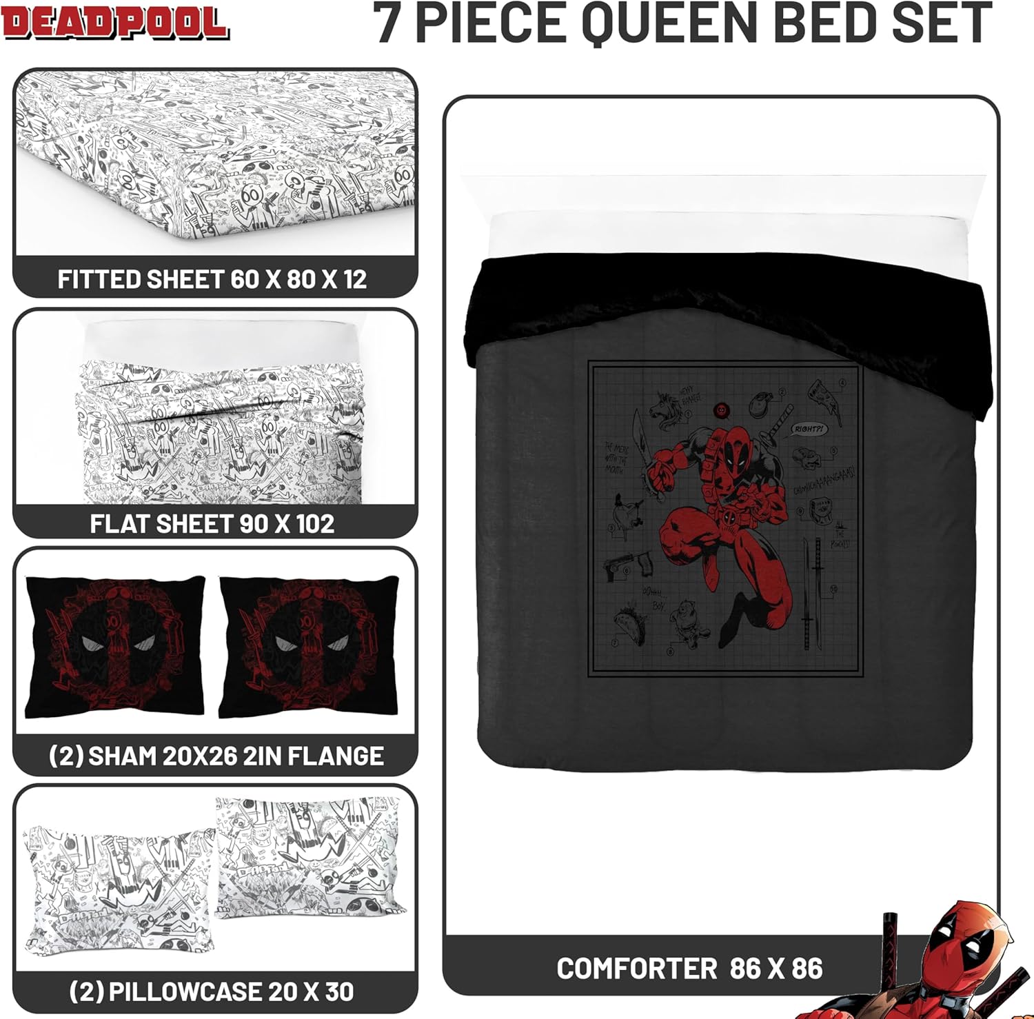 Jay Franco Marvel Deadpool Queen Size Comforter Set - 7 Piece Bedding Includes Sheet Set and Pillow Covers - Gray and Red Super Soft Cozy Bedding